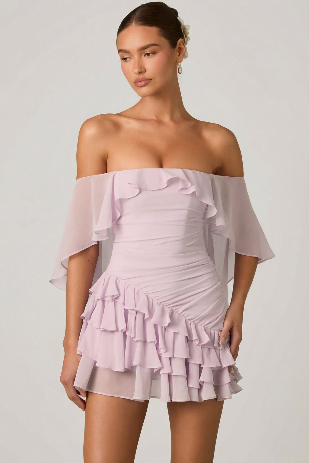 Off-Shoulder Ruffled Mini Dress in Lilac