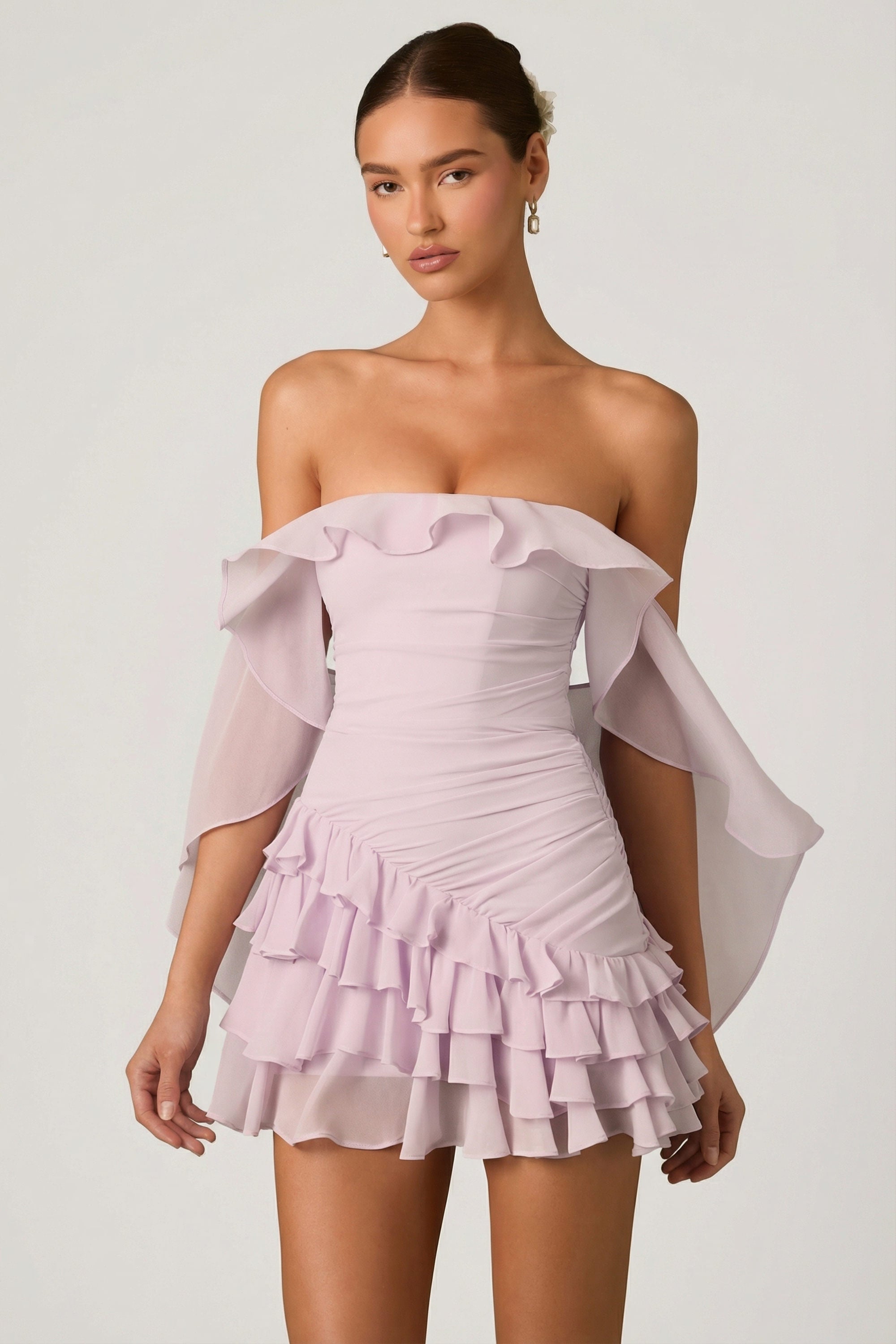 Off-Shoulder Ruffled Mini Dress in Lilac