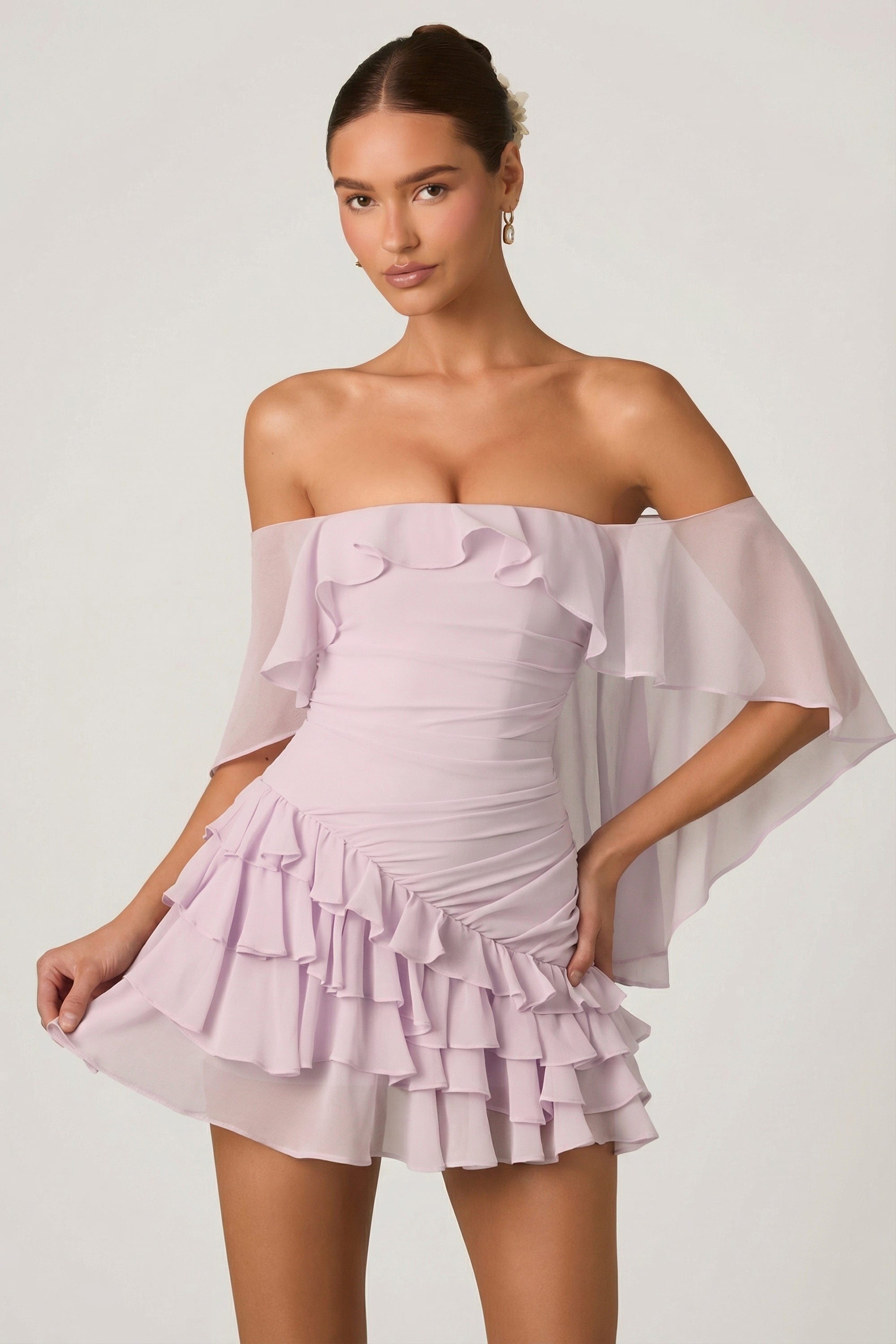 Off-Shoulder Ruffled Mini Dress in Lilac