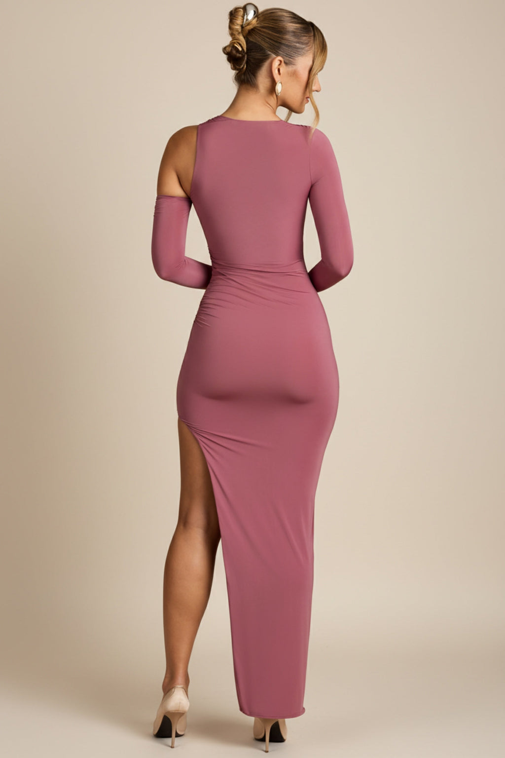 Asymmetric Draped Maxi Dress in Rose Brown