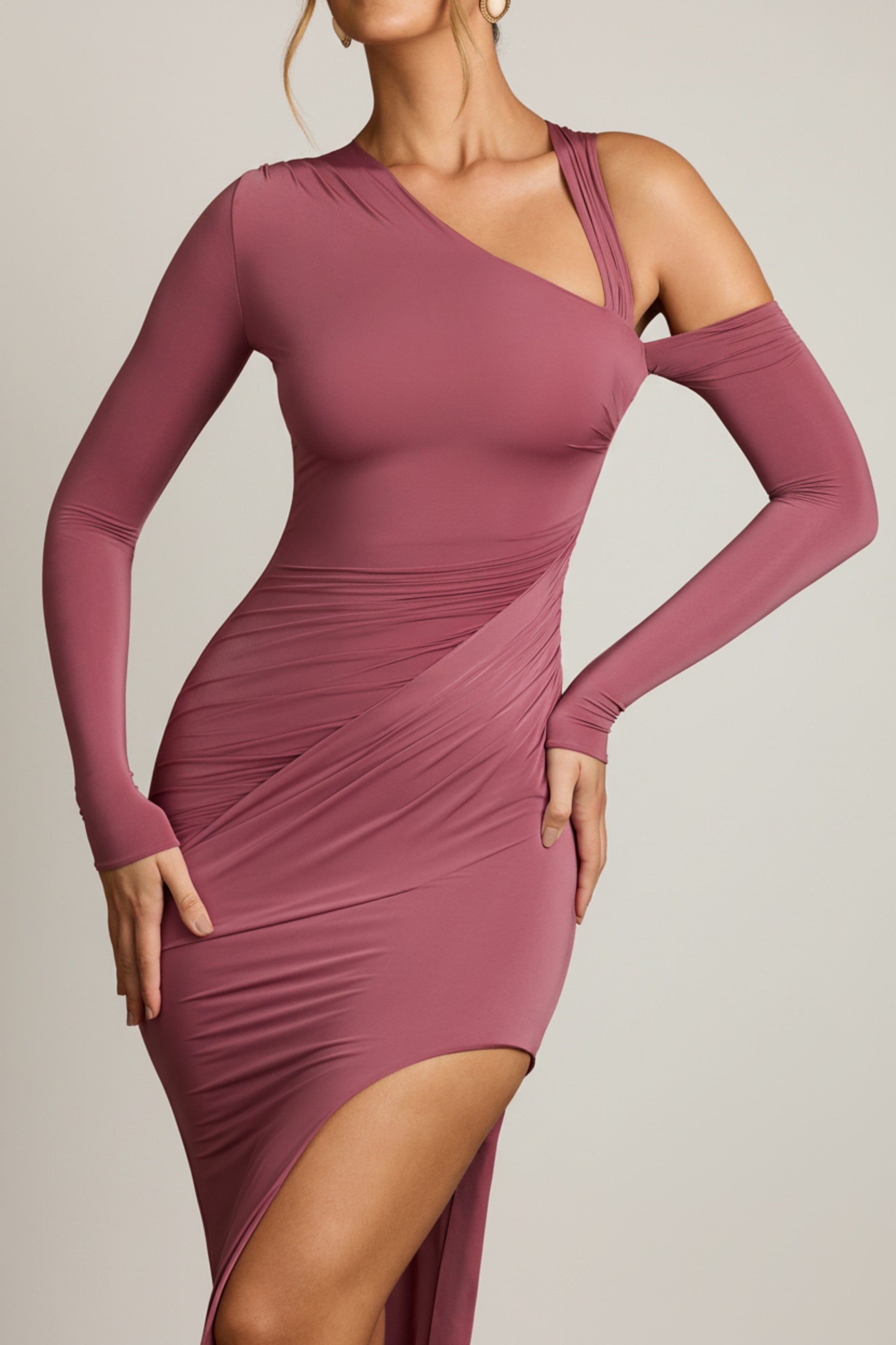 Asymmetric Draped Maxi Dress in Rose Brown