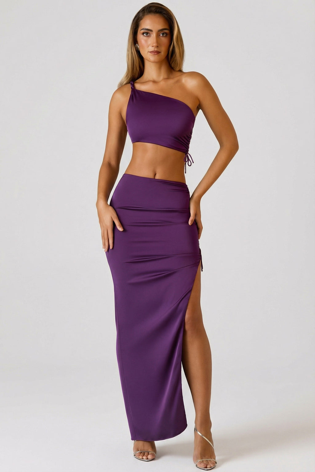 Ruched Asymmetric Crop Top in Plum
