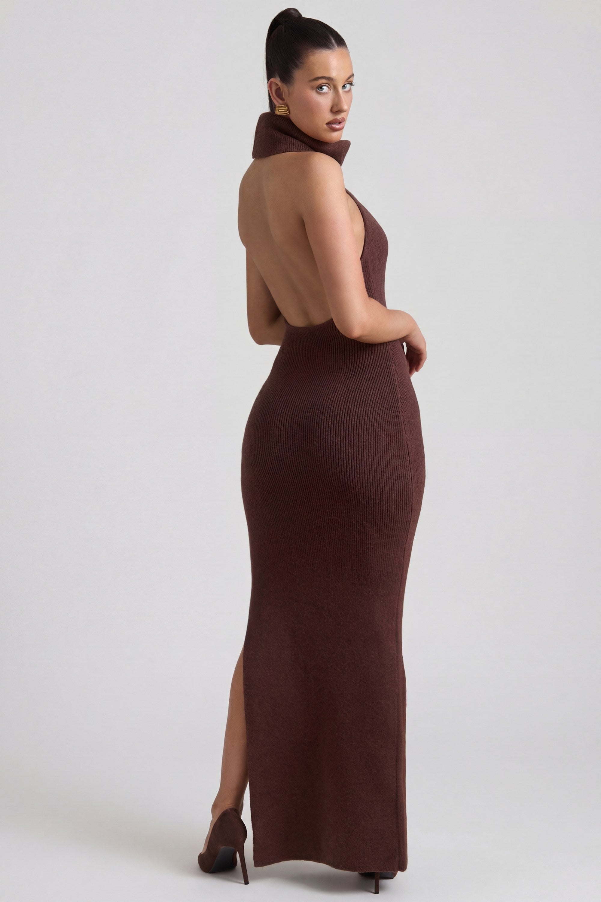 Ribbed-Knit Turtleneck Backless Maxi Dress in Espresso