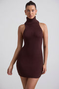Ribbed-Knit Turtleneck Mini Dress in Espresso