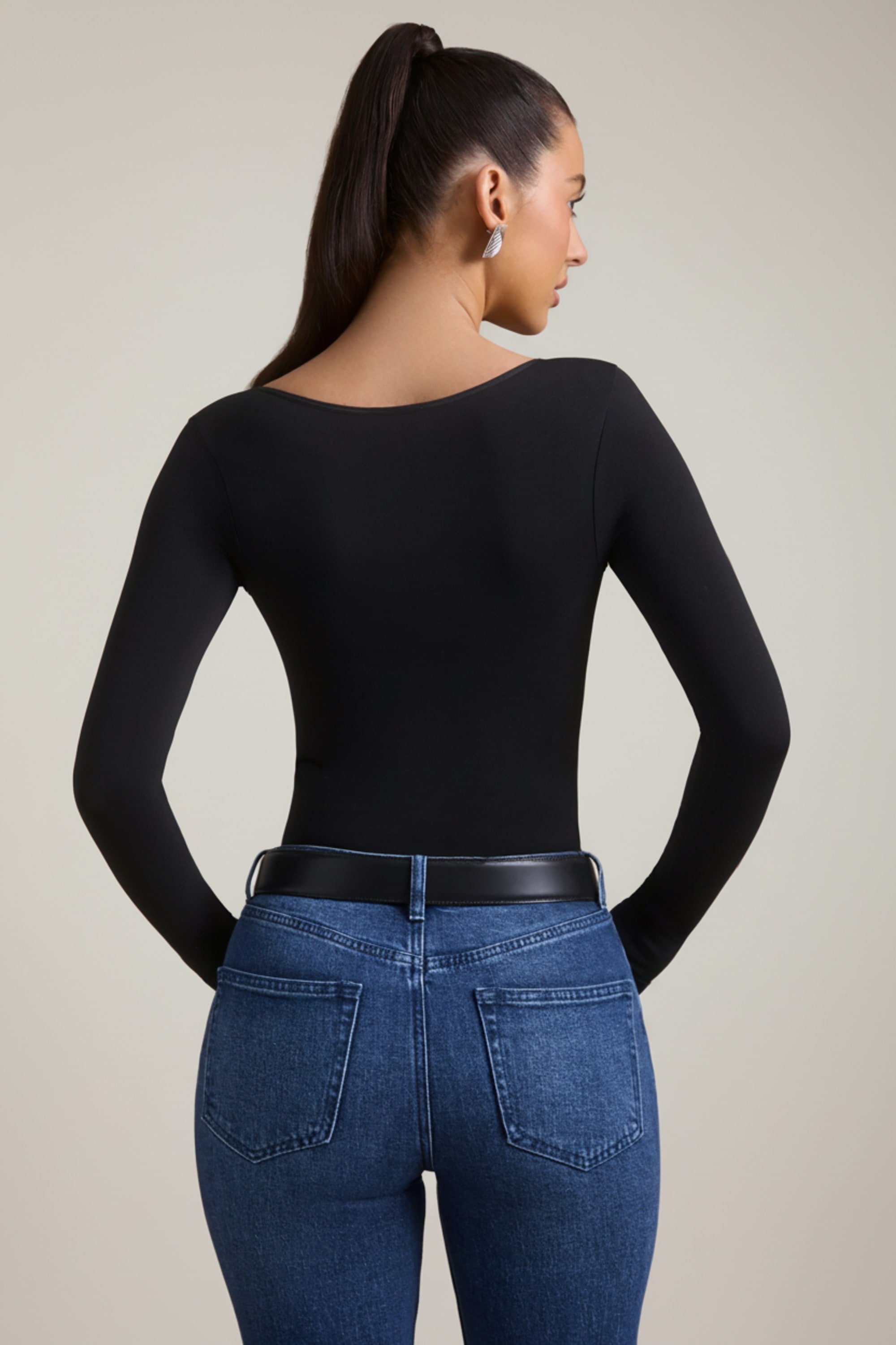 Seamless Long-Sleeve Bodysuit in Black
