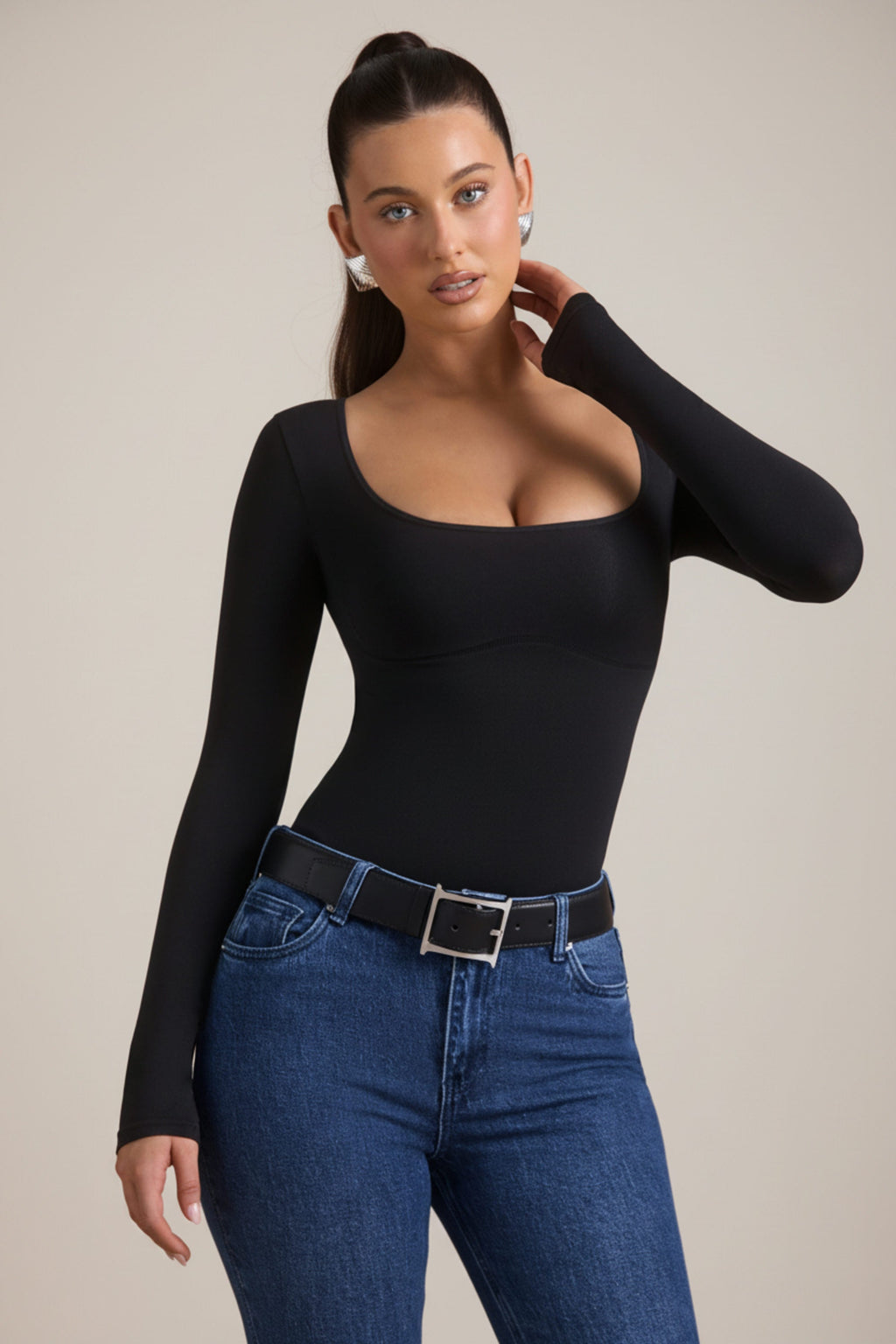 Seamless Long-Sleeve Bodysuit in Black