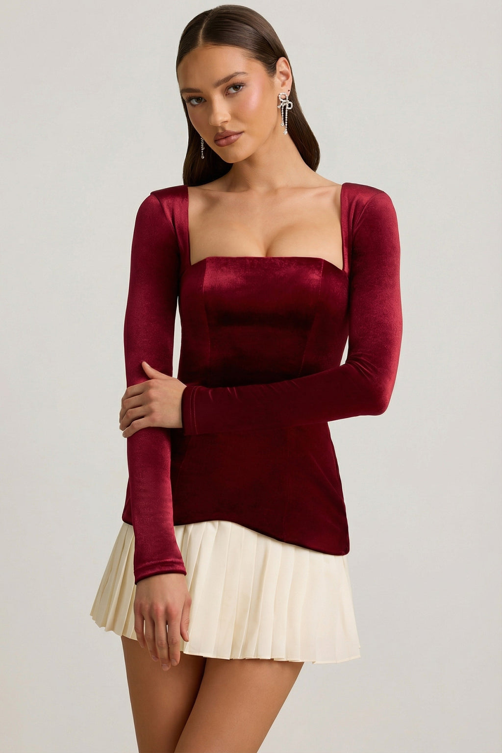 Layered Pleated Corset Mini Dress in Wine Red