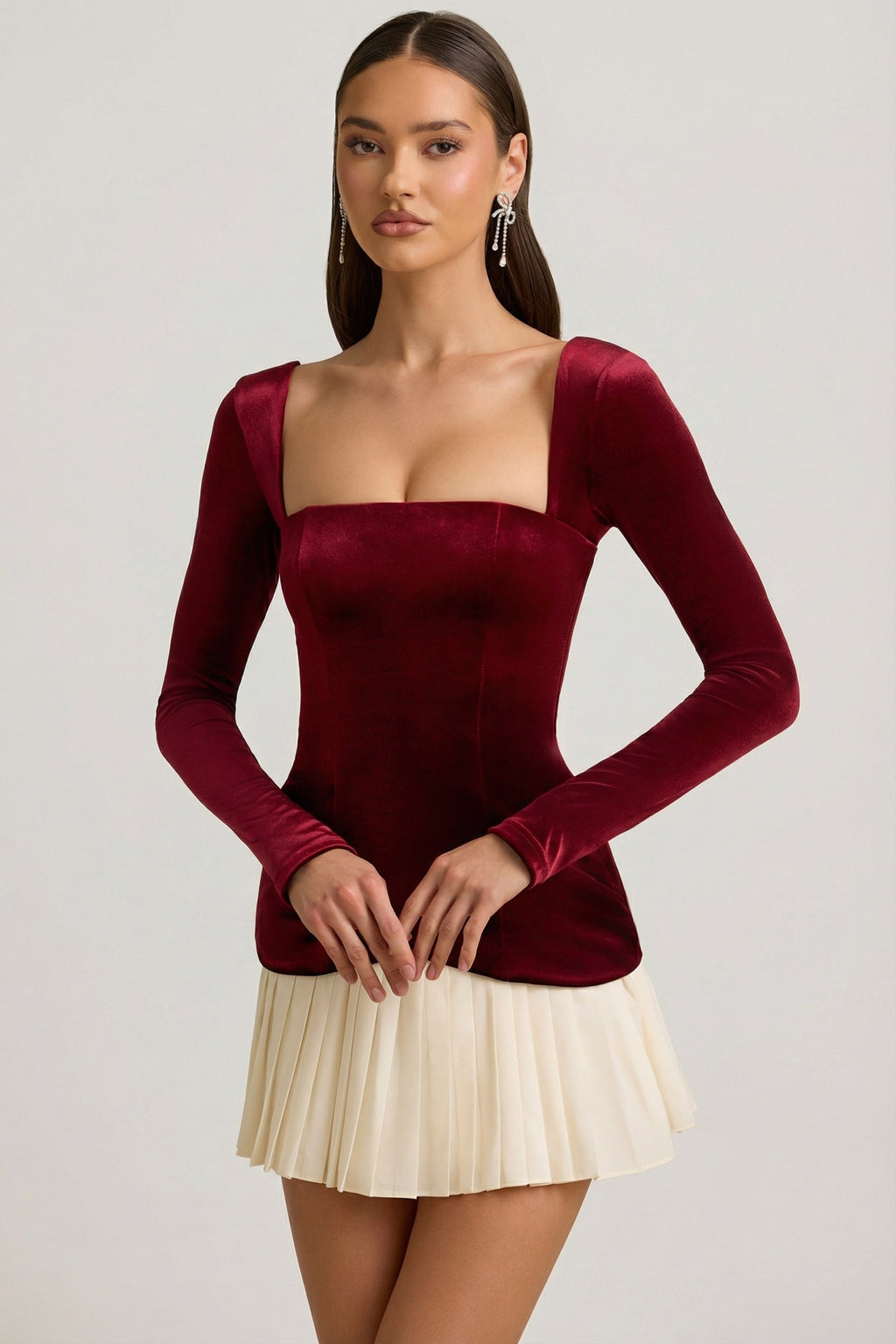 Layered Pleated Corset Mini Dress in Wine Red