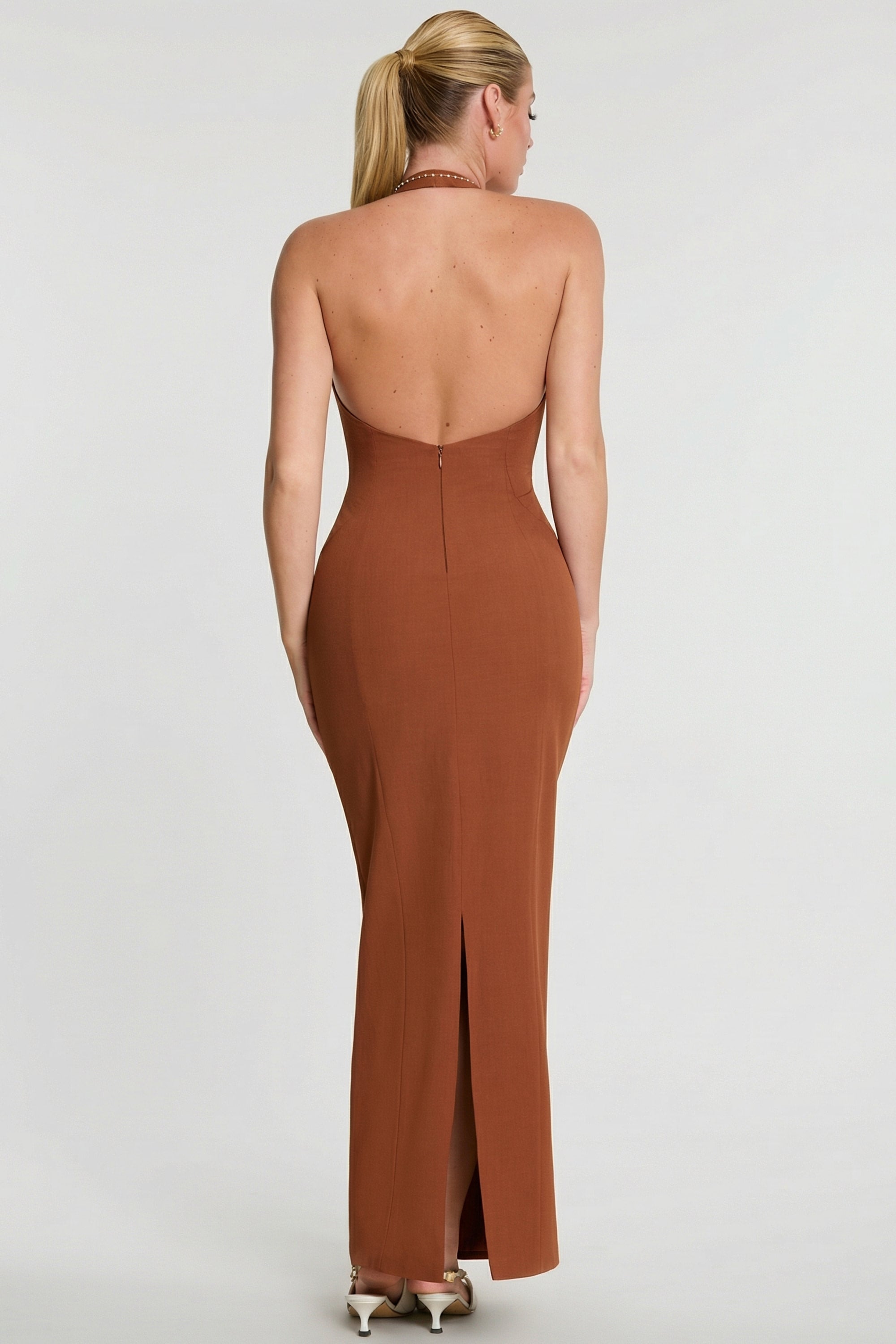 Woven Twill Halter Neck Plunge Maxi Dress in Chestnut Brown