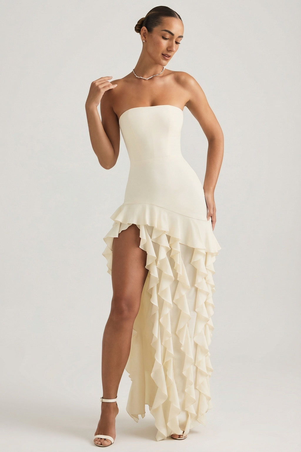 Ruffle-Trim Strapless Gown in Ivory
