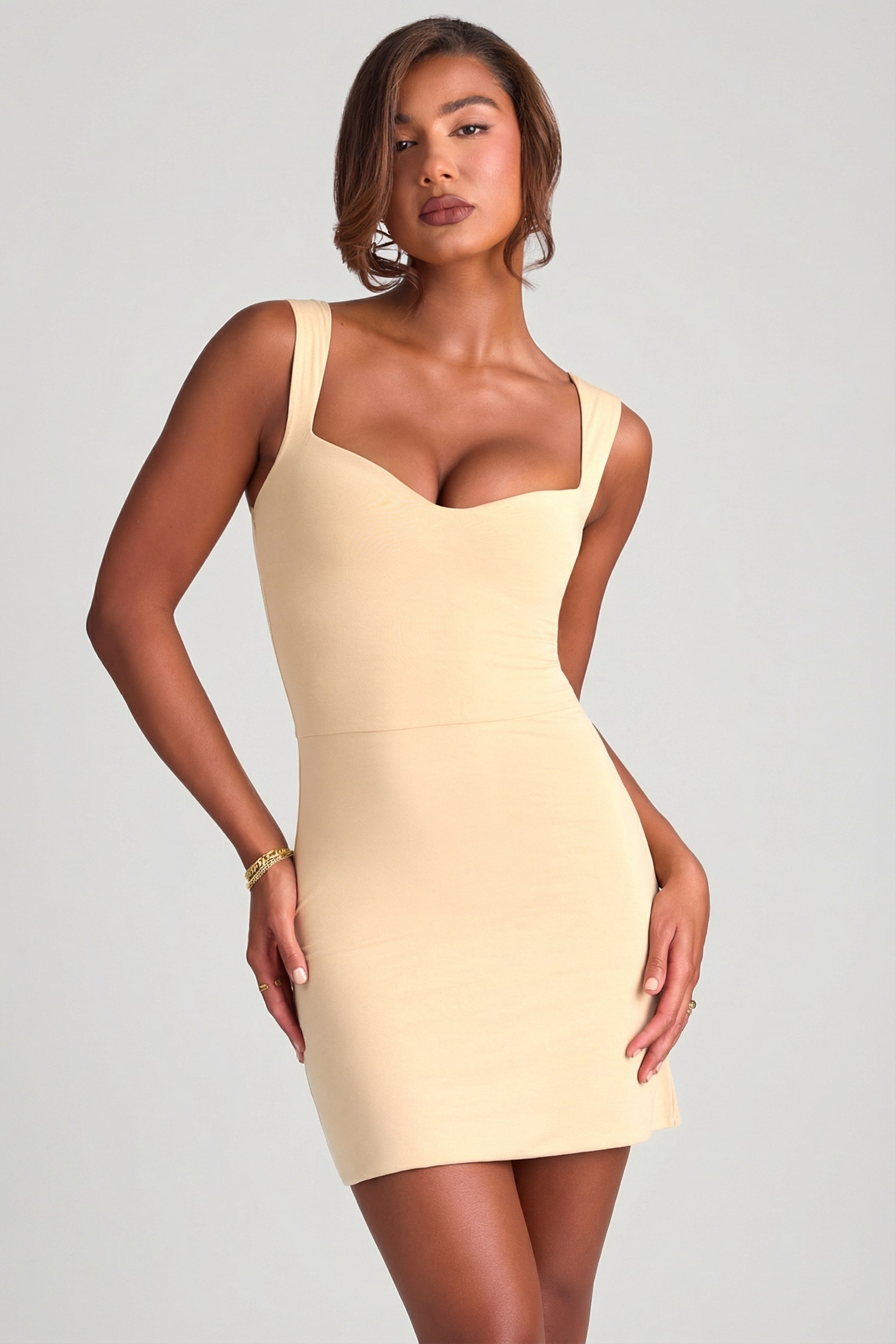 Modal Sweetheart Neckline Bodycon Mini Dress in Sand