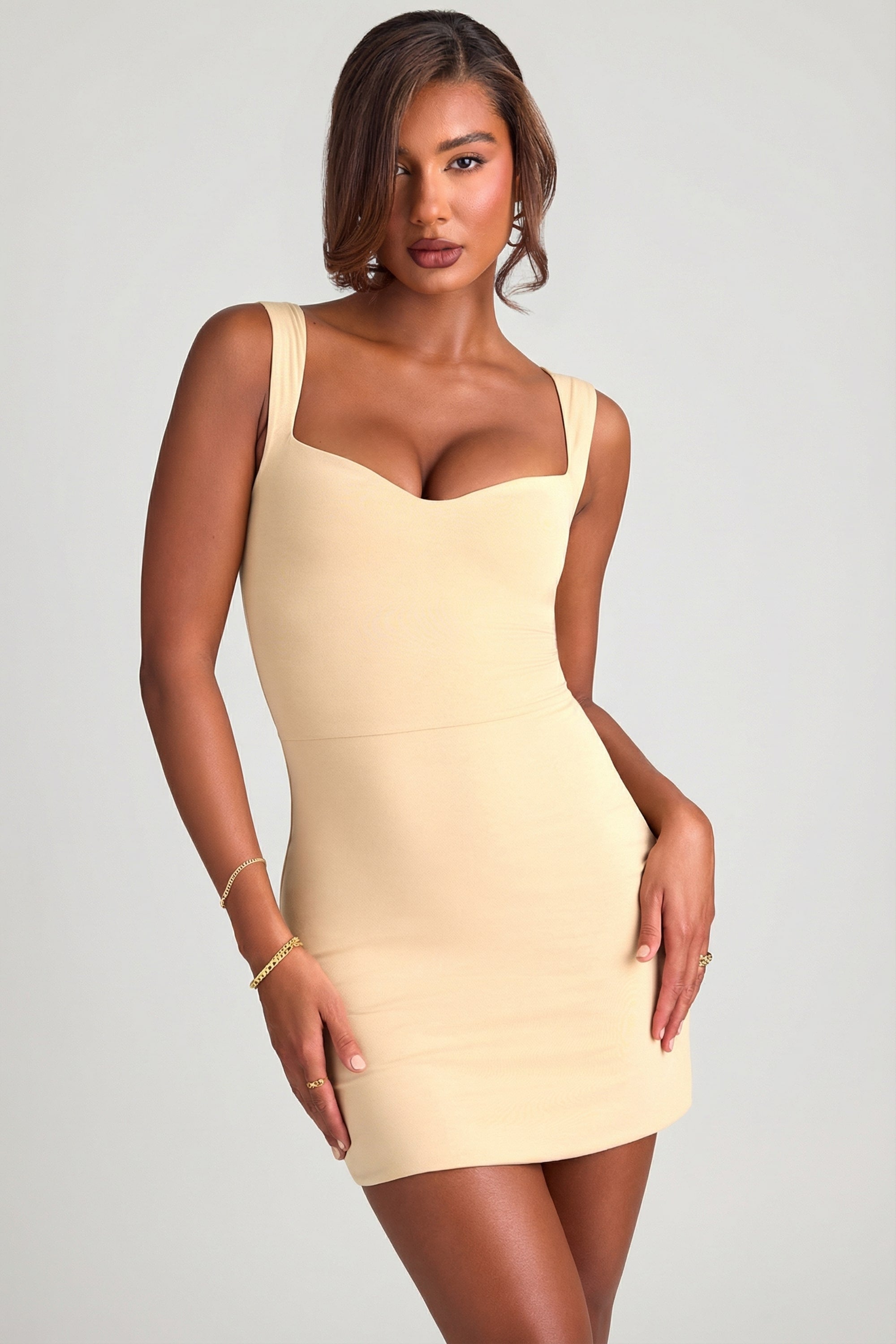 Modal Sweetheart Neckline Bodycon Mini Dress in Sand