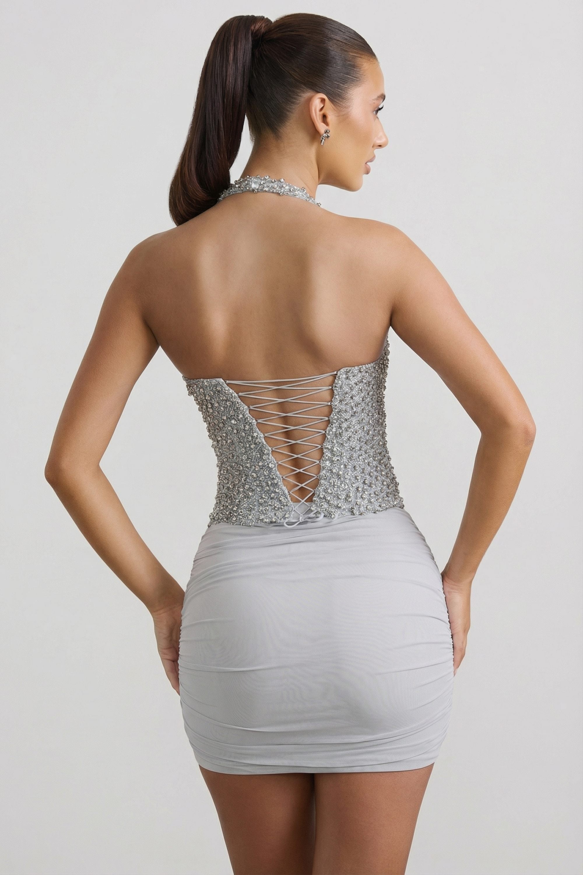 Ruched Mid-Rise Mini Skirt in Silver