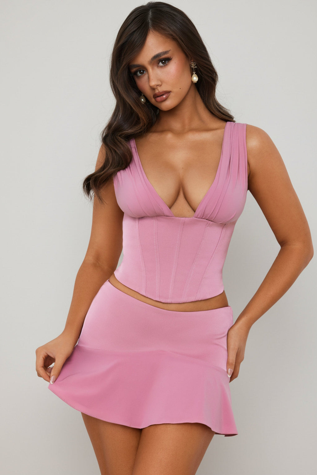 Mid-Rise Godet A-Line Mini Skirt in Mauve