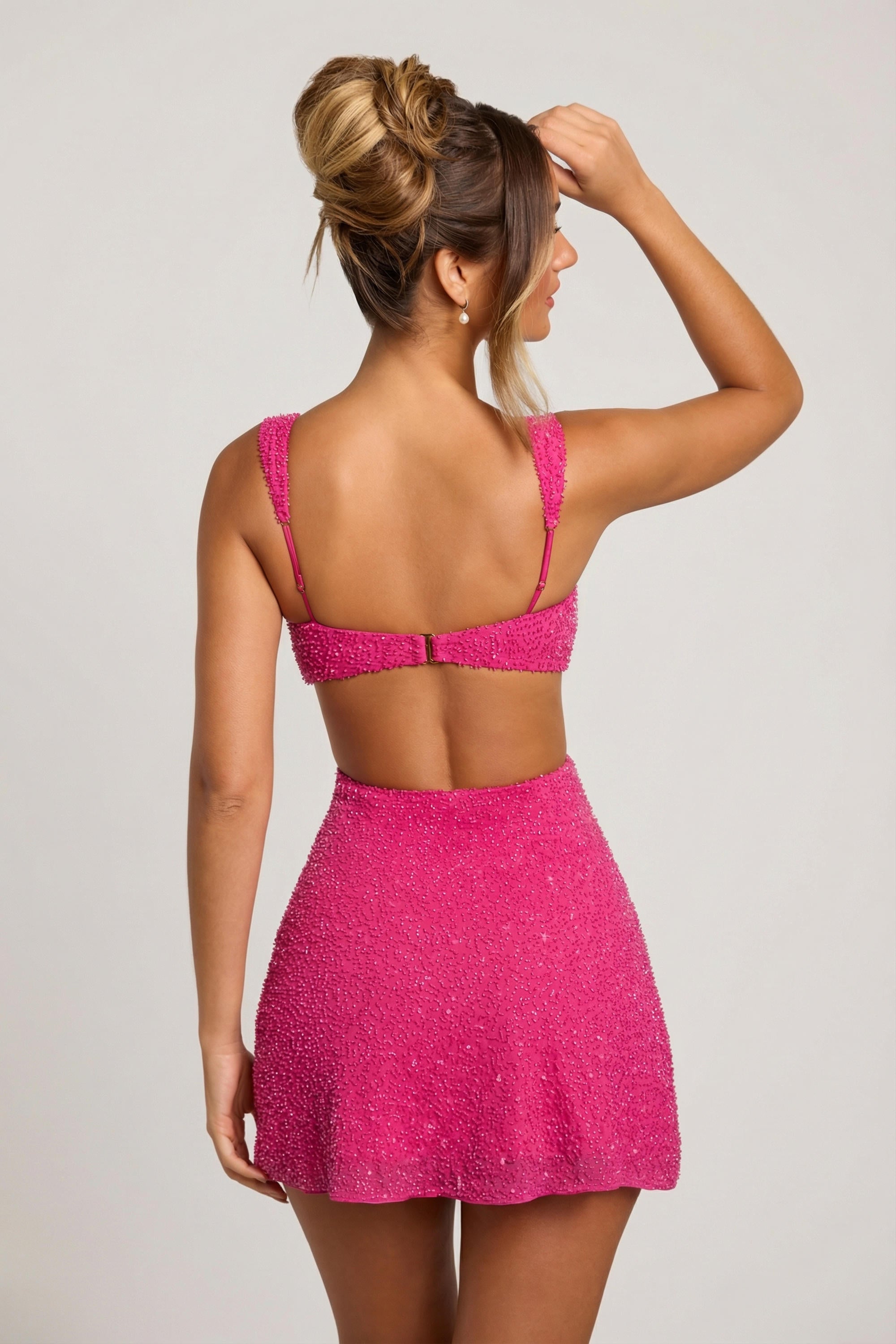 Embellished Cut Out Mini Dress in Fuschia