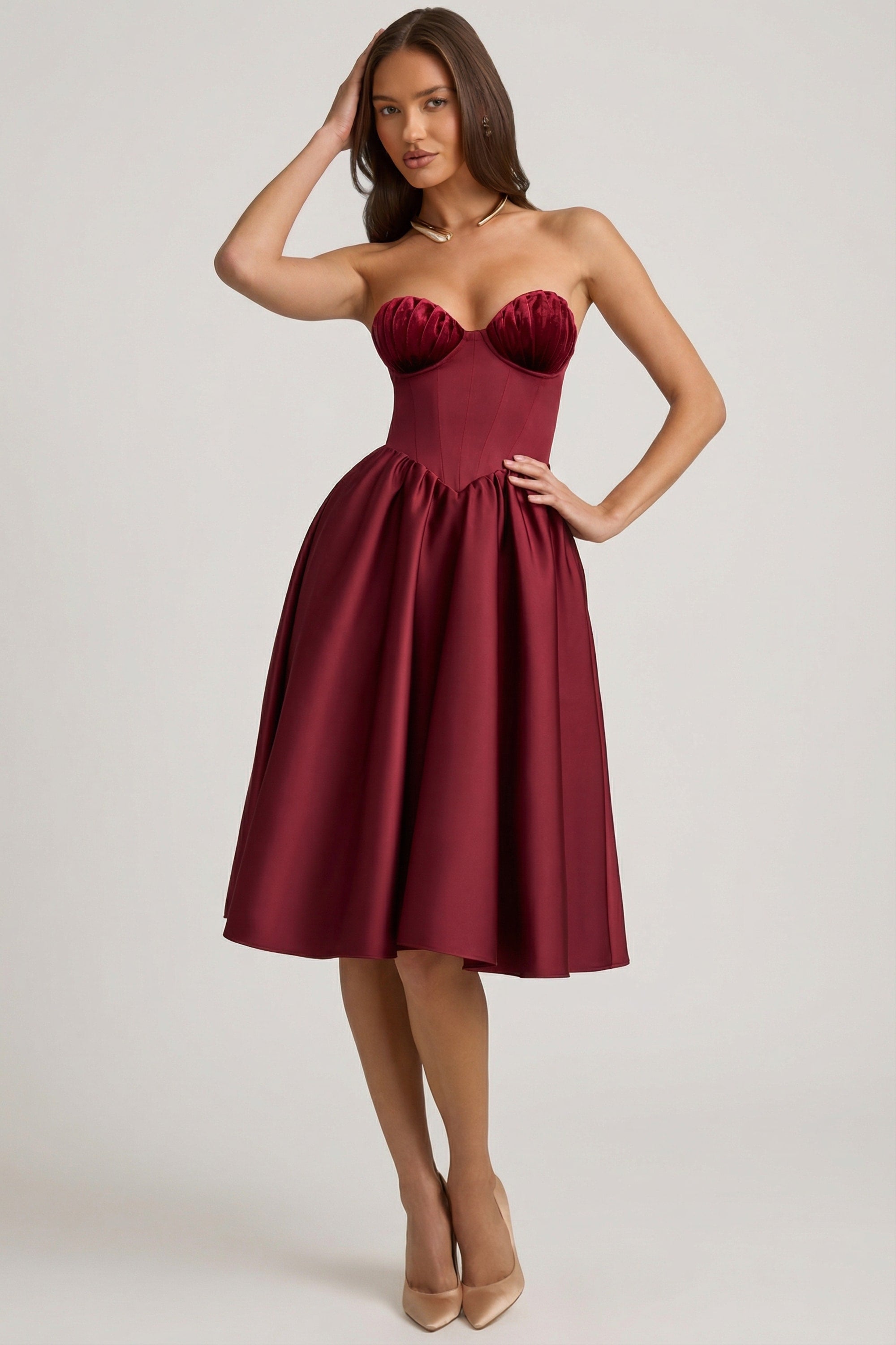 Strapless Corset Midi Dress in Wine Red