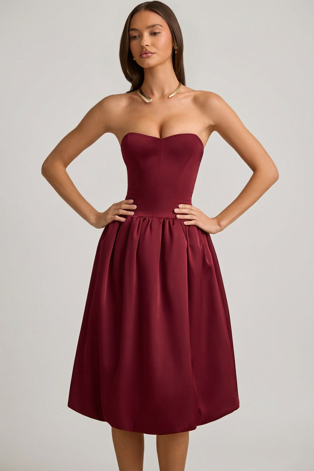 Convertible Bow-Detail Bubble Hem Midaxi Dress in Wine Red
