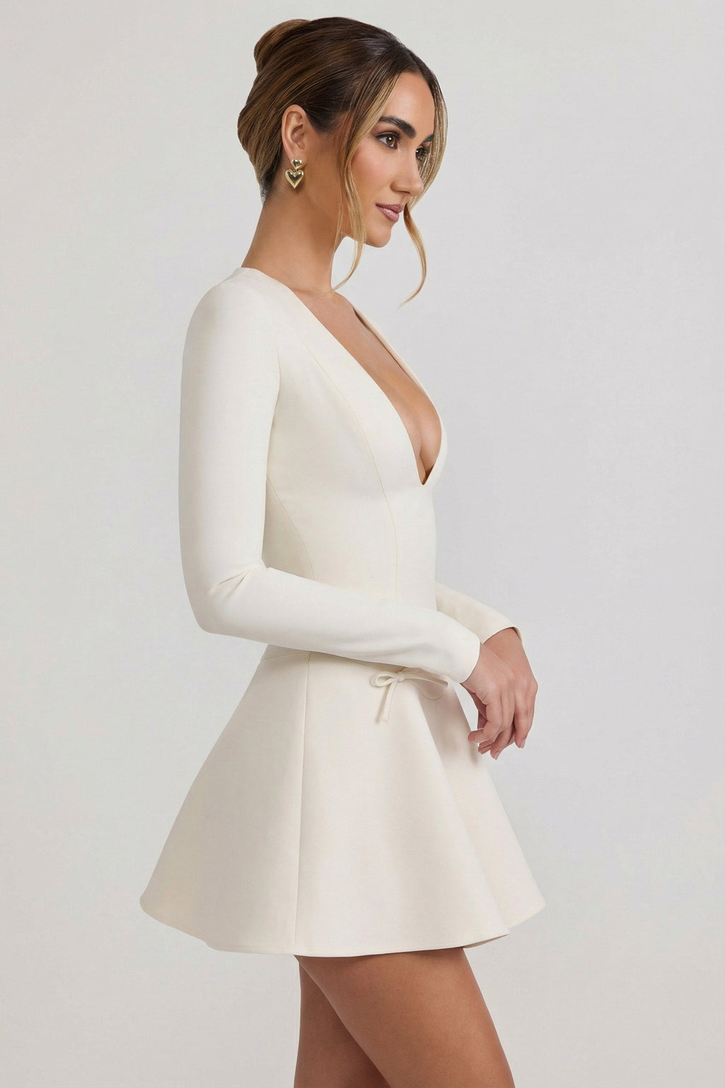 Bow-Detail Plunge-Neck A-Line Mini Dress in Ivory