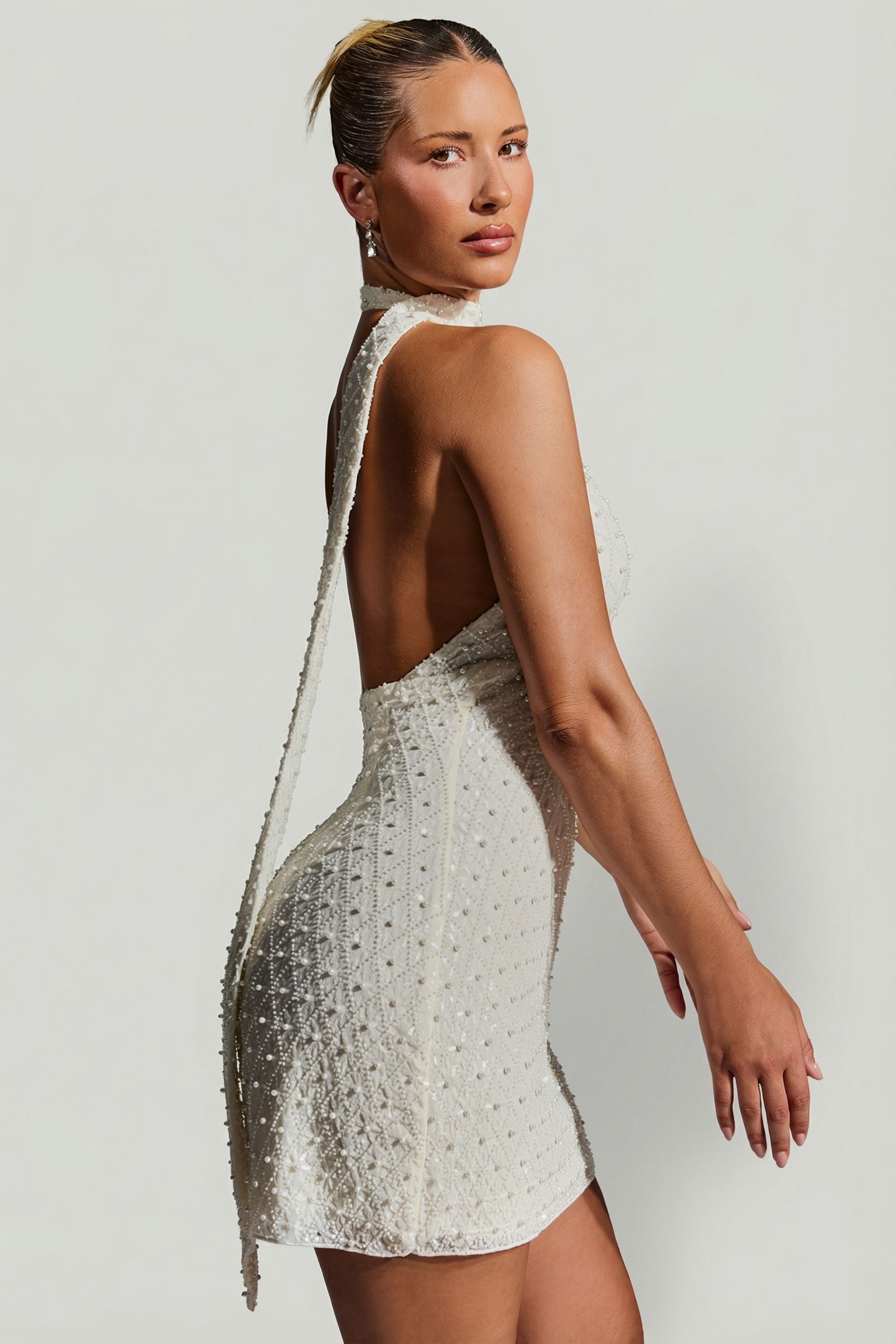 Embellished Scarf-Detail Halterneck Mini Dress in White
