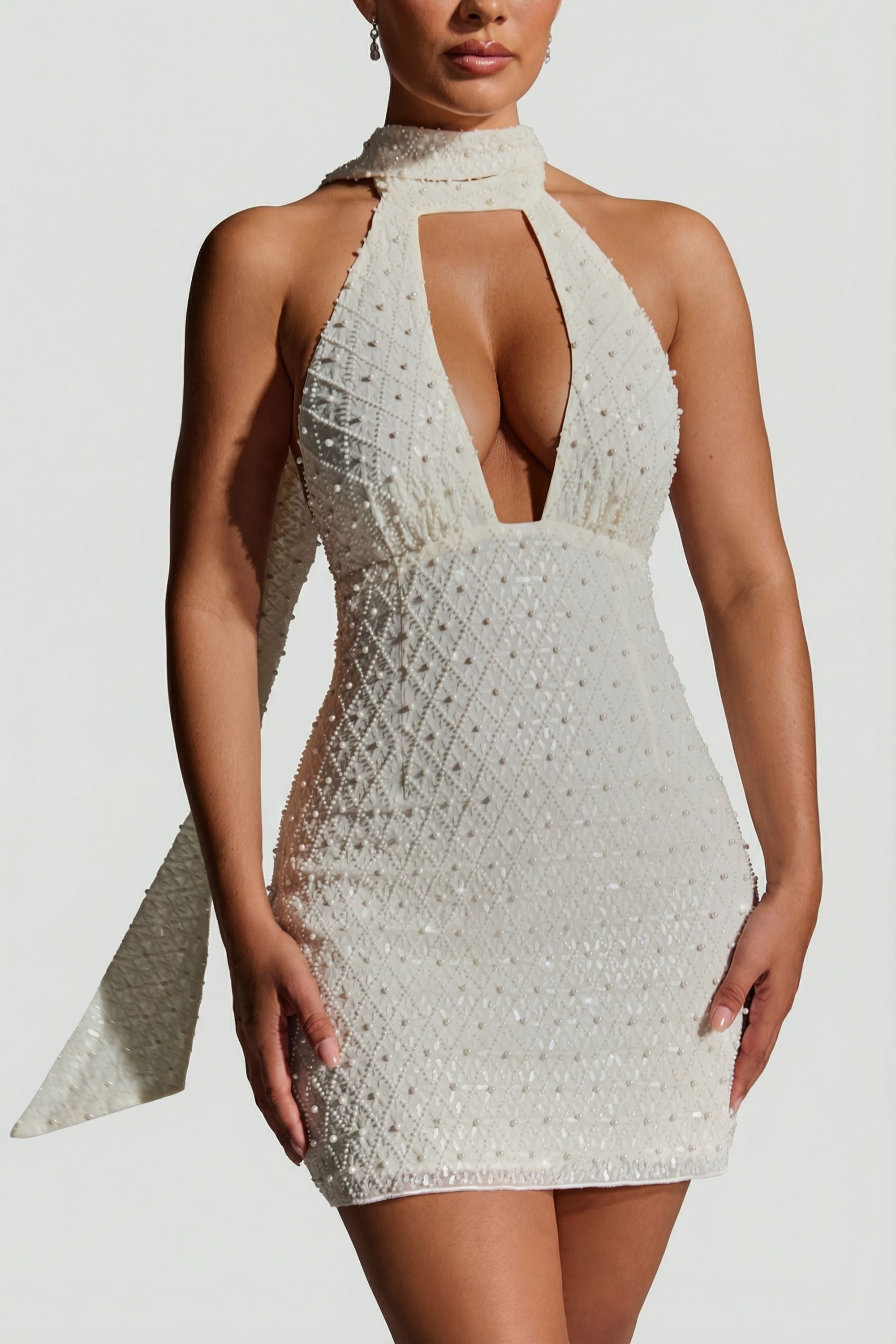 Embellished Scarf-Detail Halterneck Mini Dress in White
