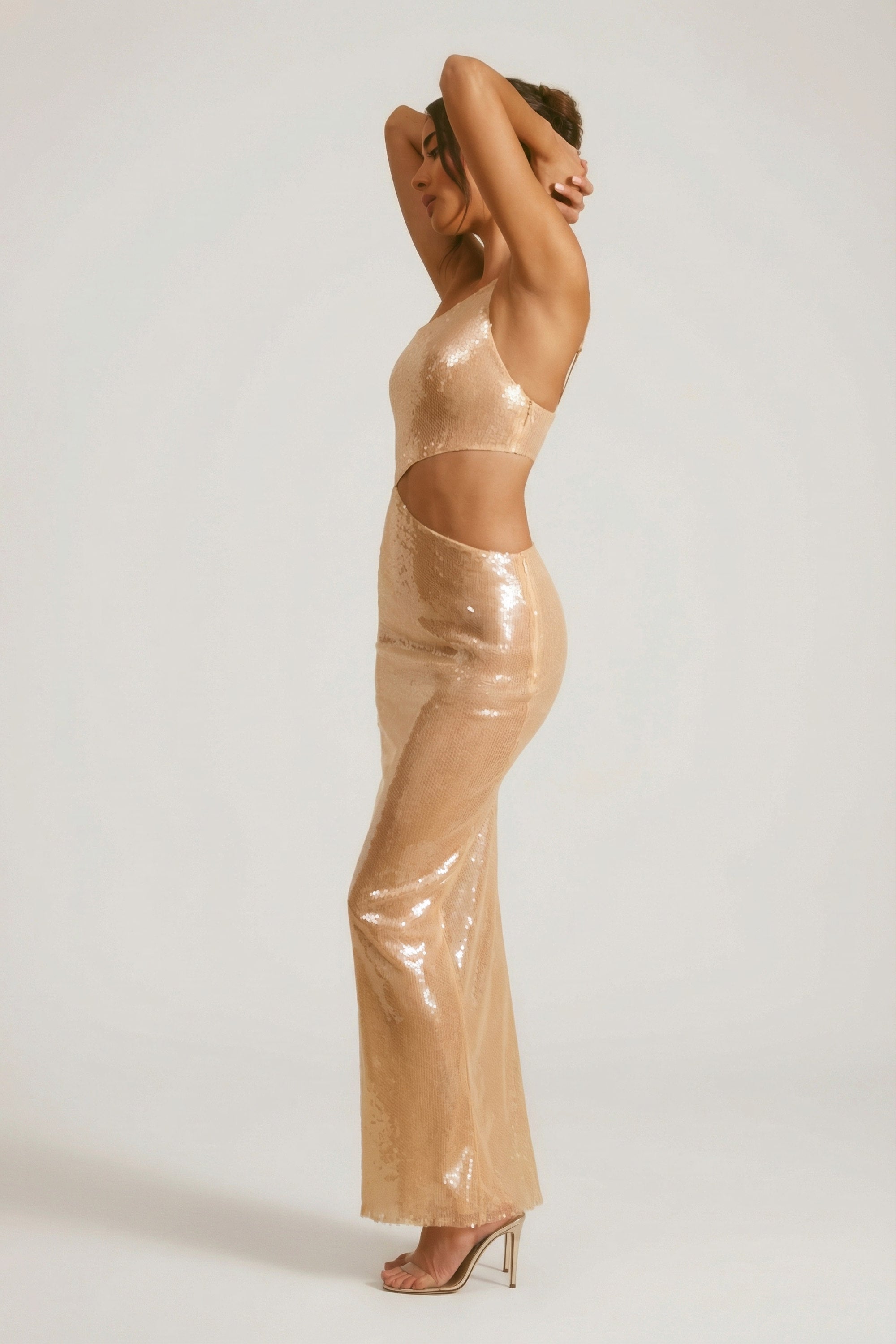 Sheer Sequin One Shoulder Cut Out Maxi Dress in Tan
