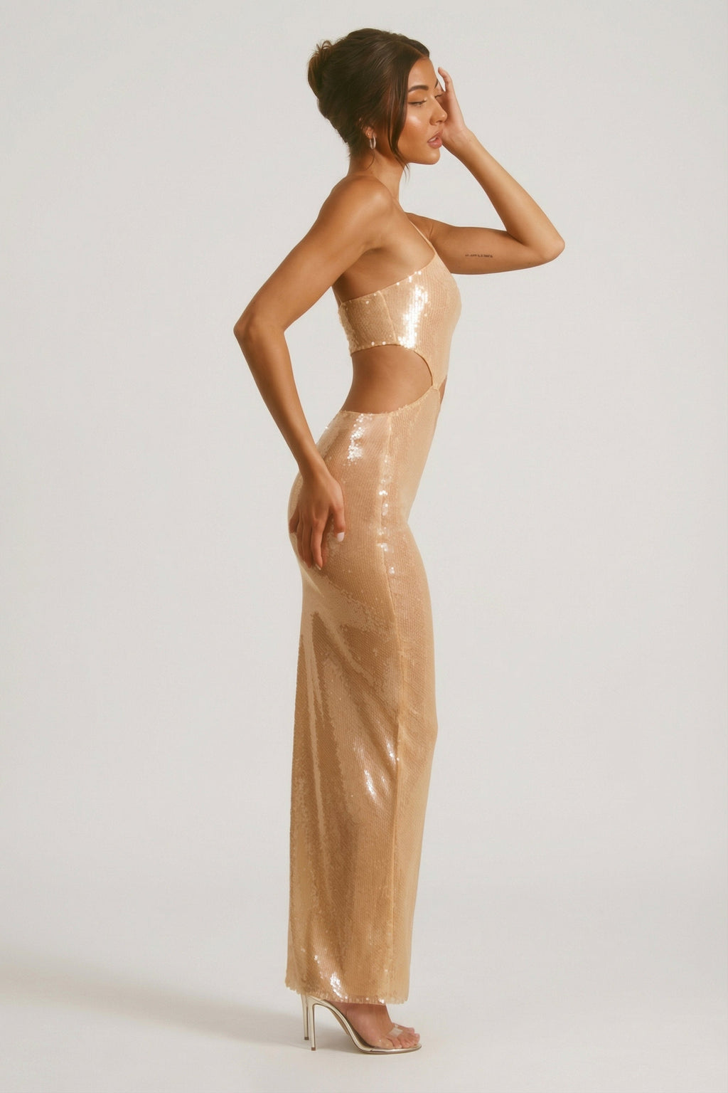 Sheer Sequin One Shoulder Cut Out Maxi Dress in Tan