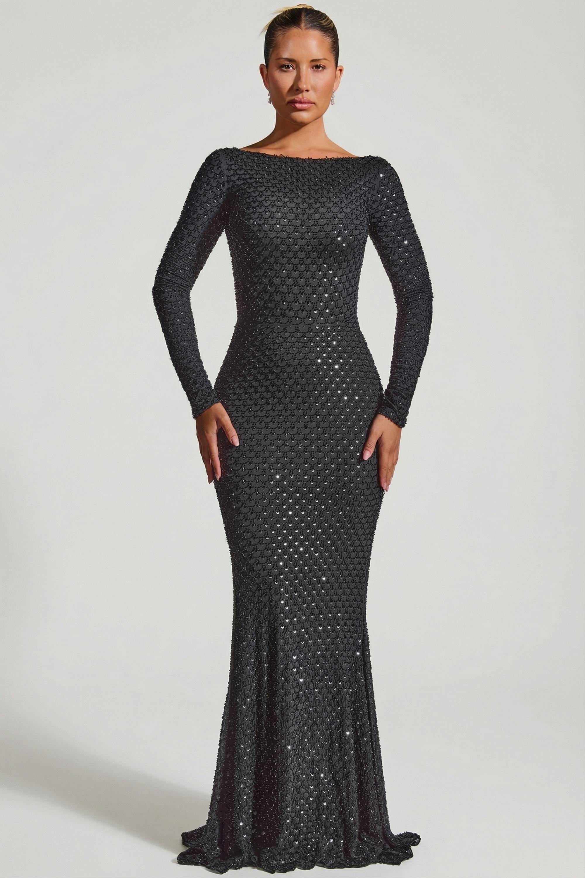 Embellished Open-Back Gown in Black