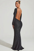 Embellished Open-Back Gown in Black