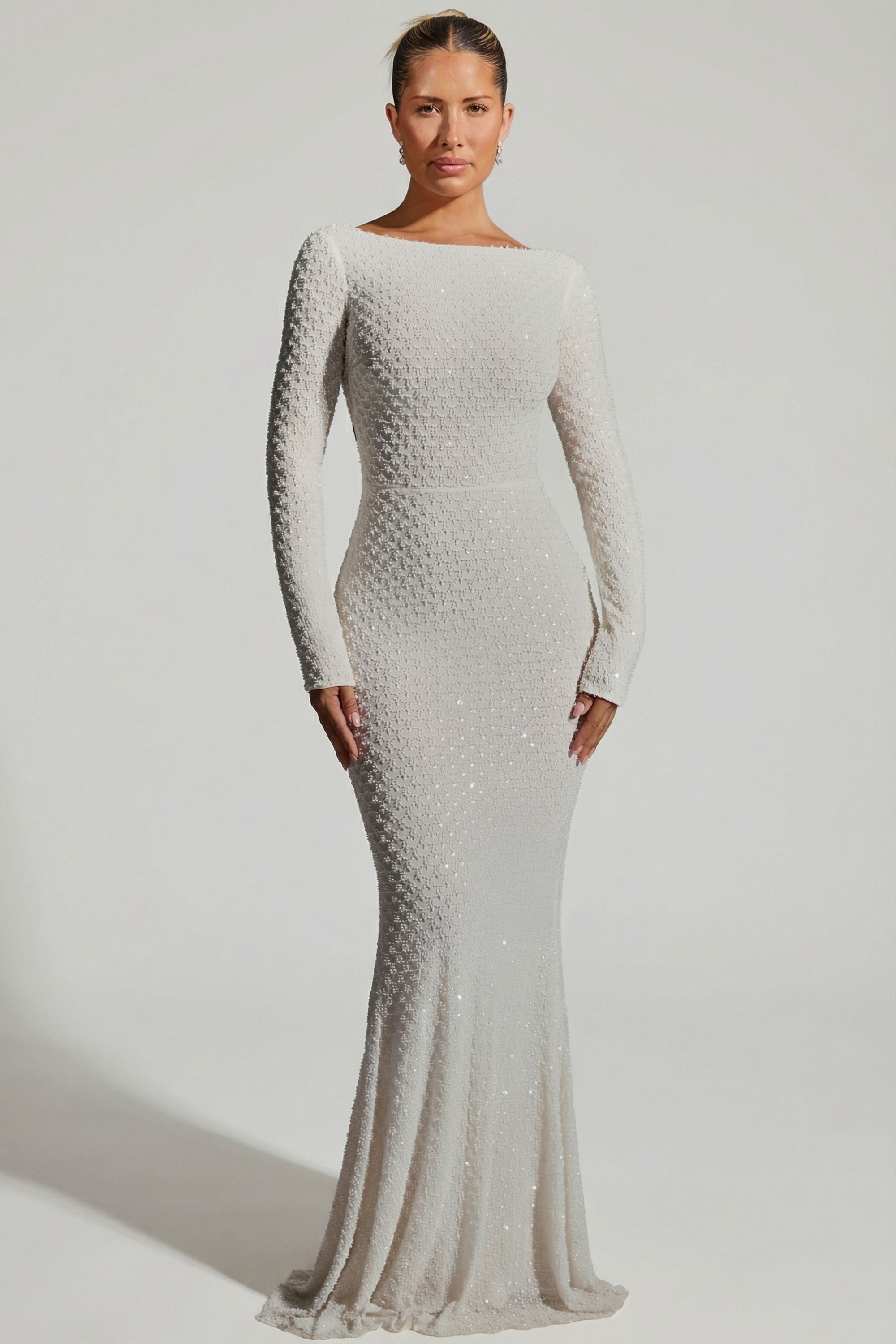 Embellished Open-Back Gown in White