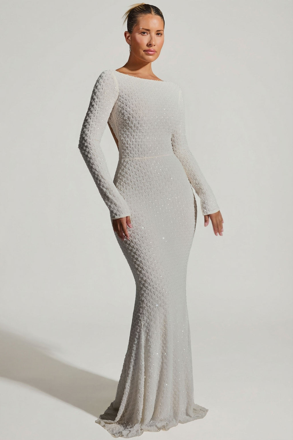 Embellished Open-Back Gown in White