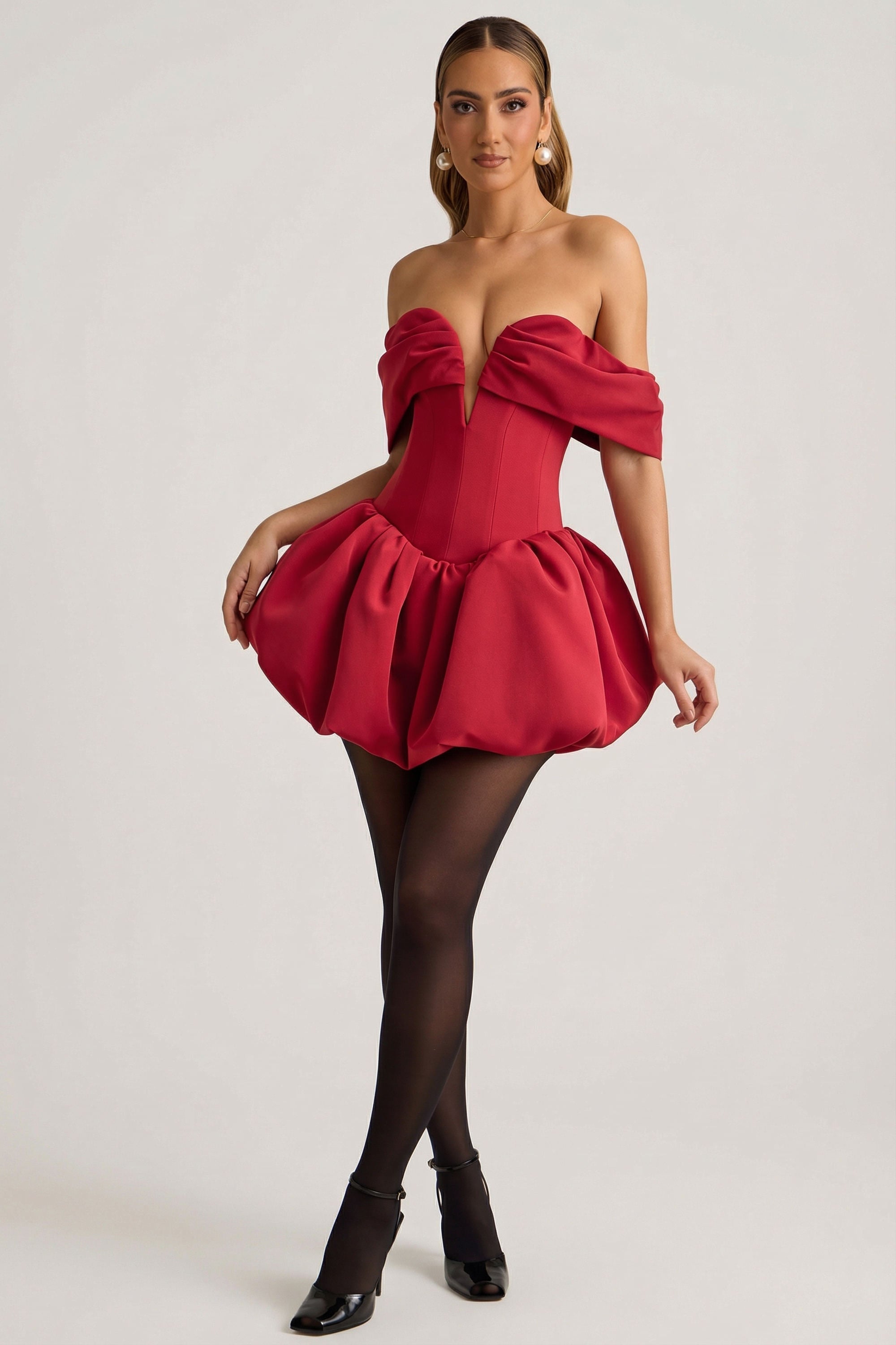 Off-Shoulder Layered Bubble Hem Corset Mini Dress in True Red
