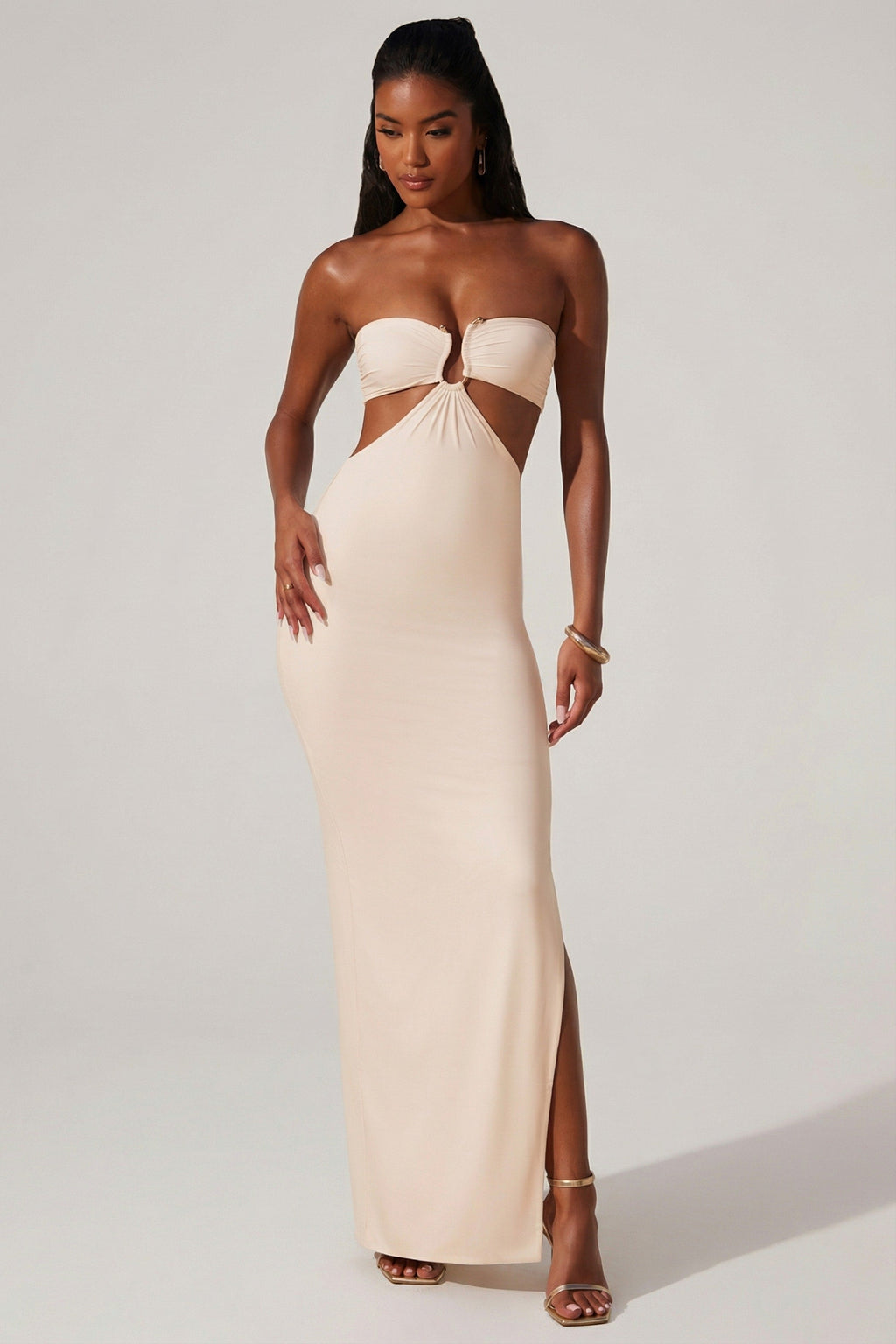 Ruched Hardware Detail Bandeau Floor Length Dress in Ivory