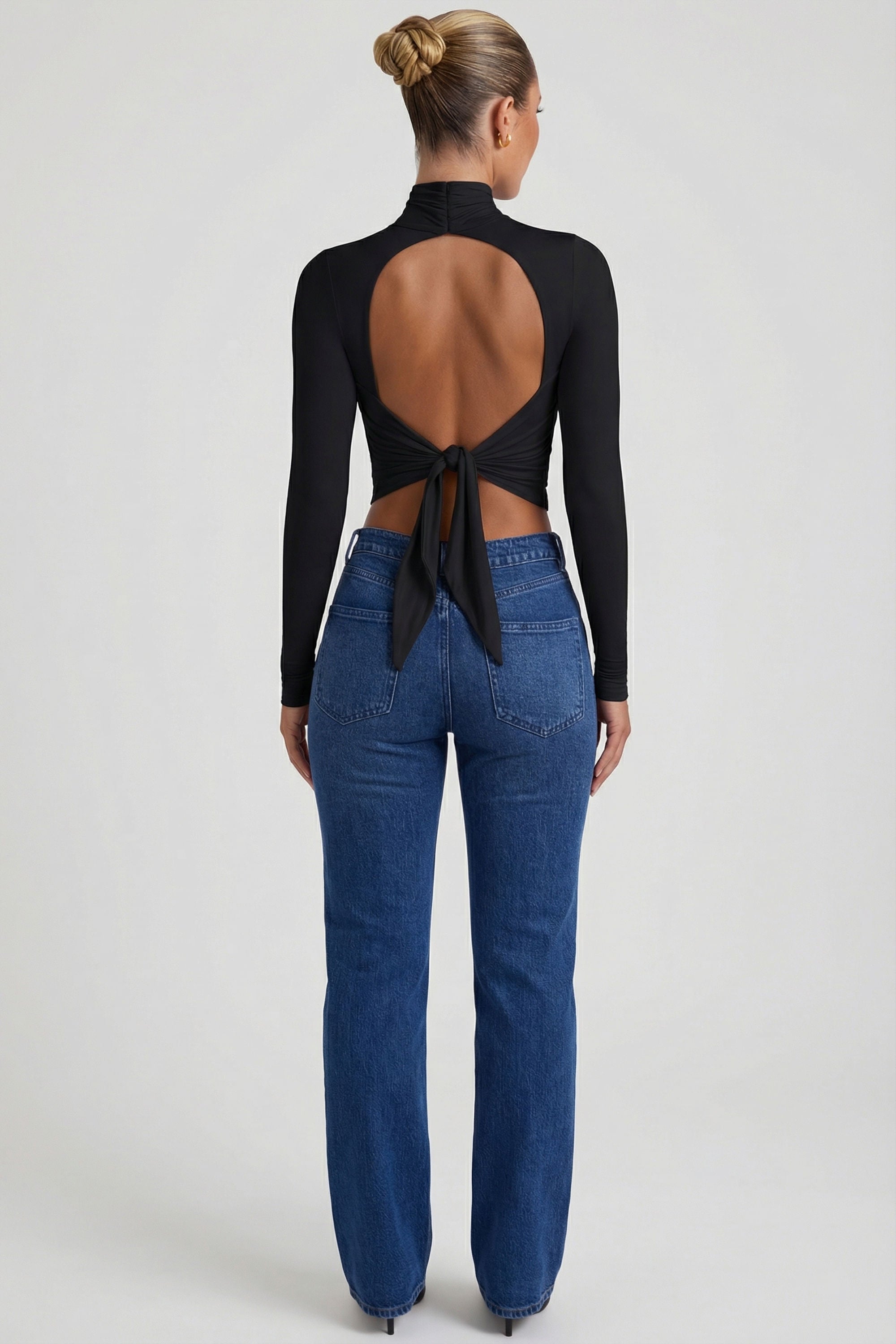 Cowl-Neck Tie-Back Top in Black