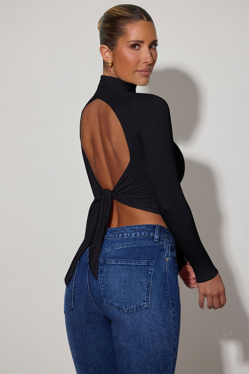 Cowl-Neck Tie-Back Top in Black