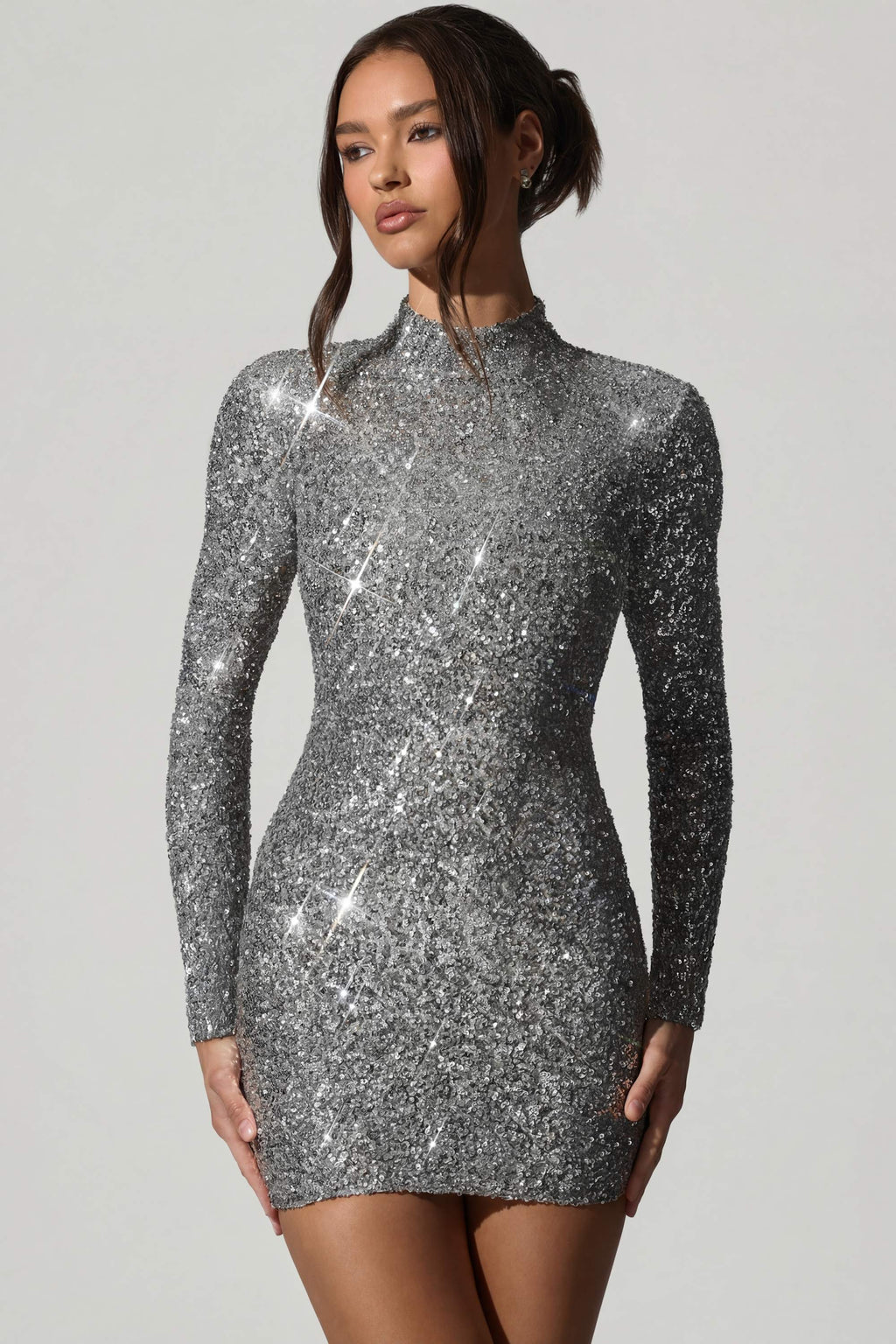 Embellished Open-Back Mini Dress in Silver