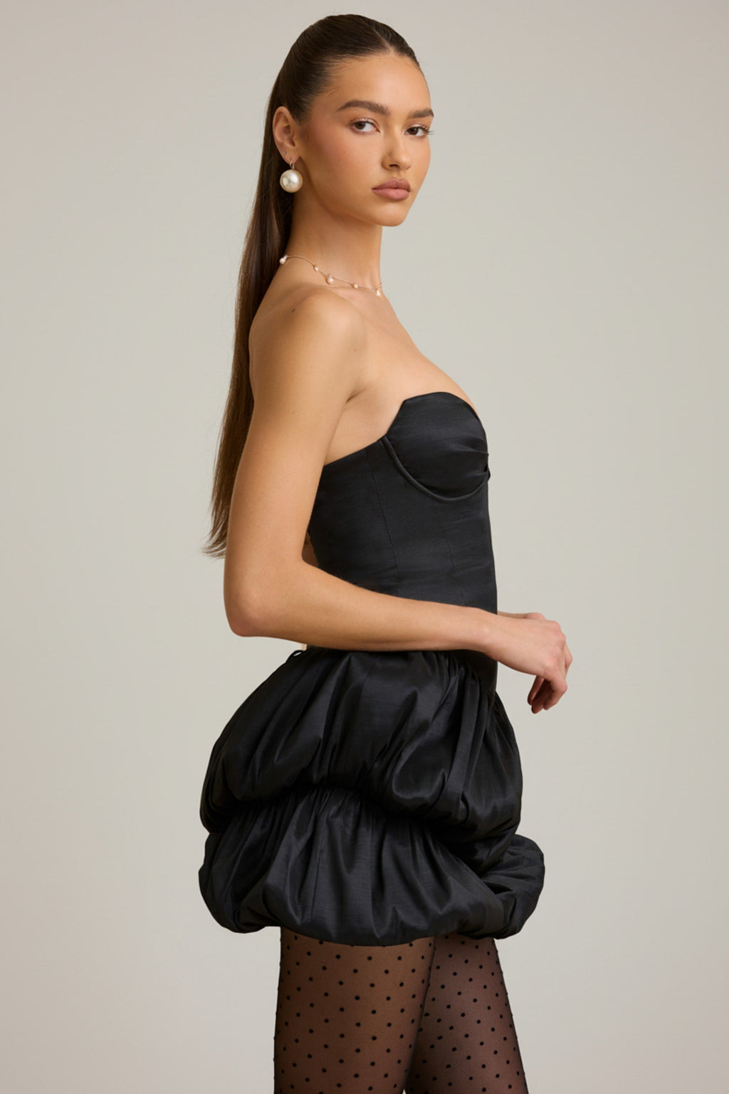 Satin Bubble Hem Corset Mini Dress in Black