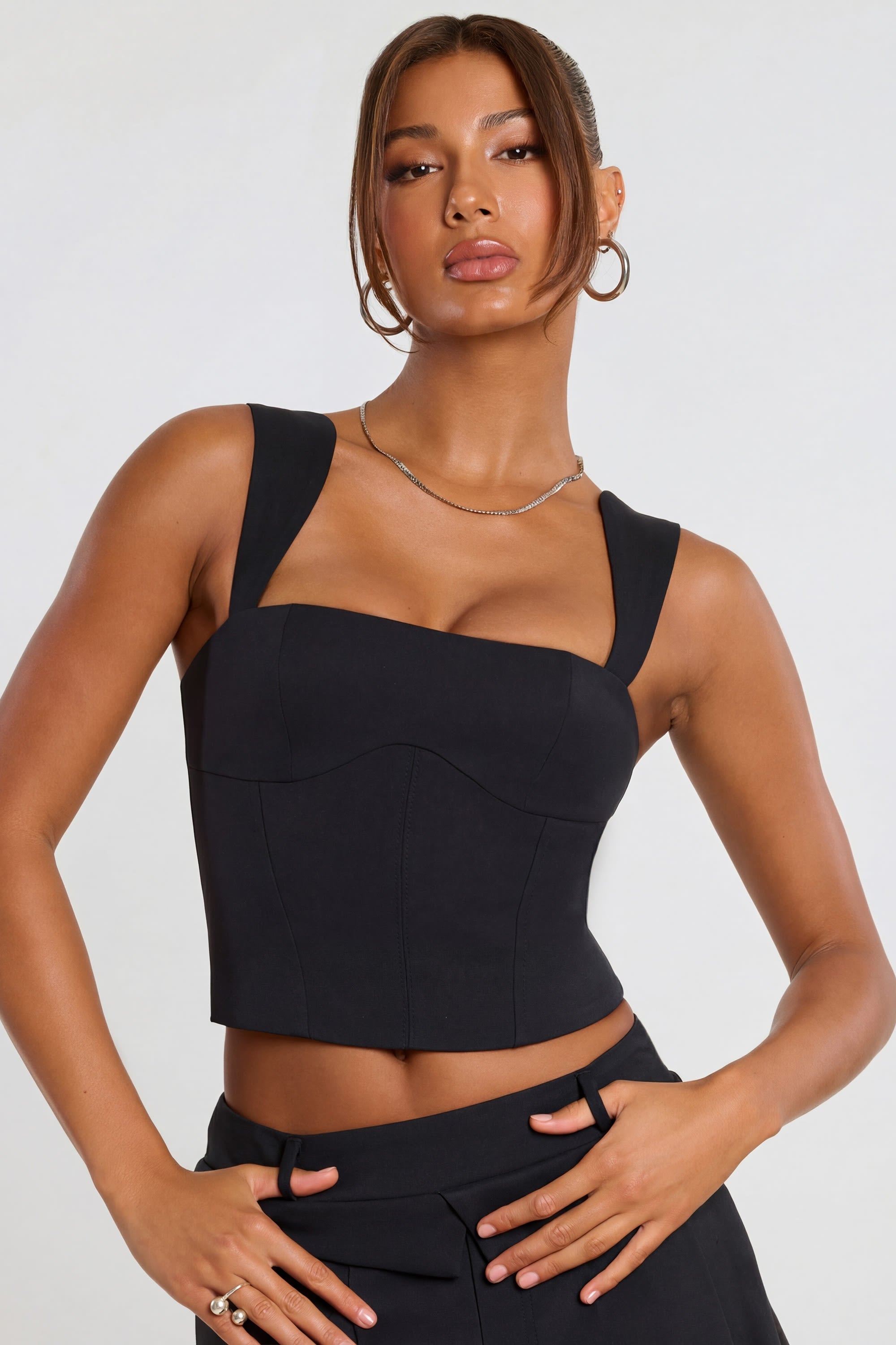 Brushed Twill Square Neck Tailored Top in Black