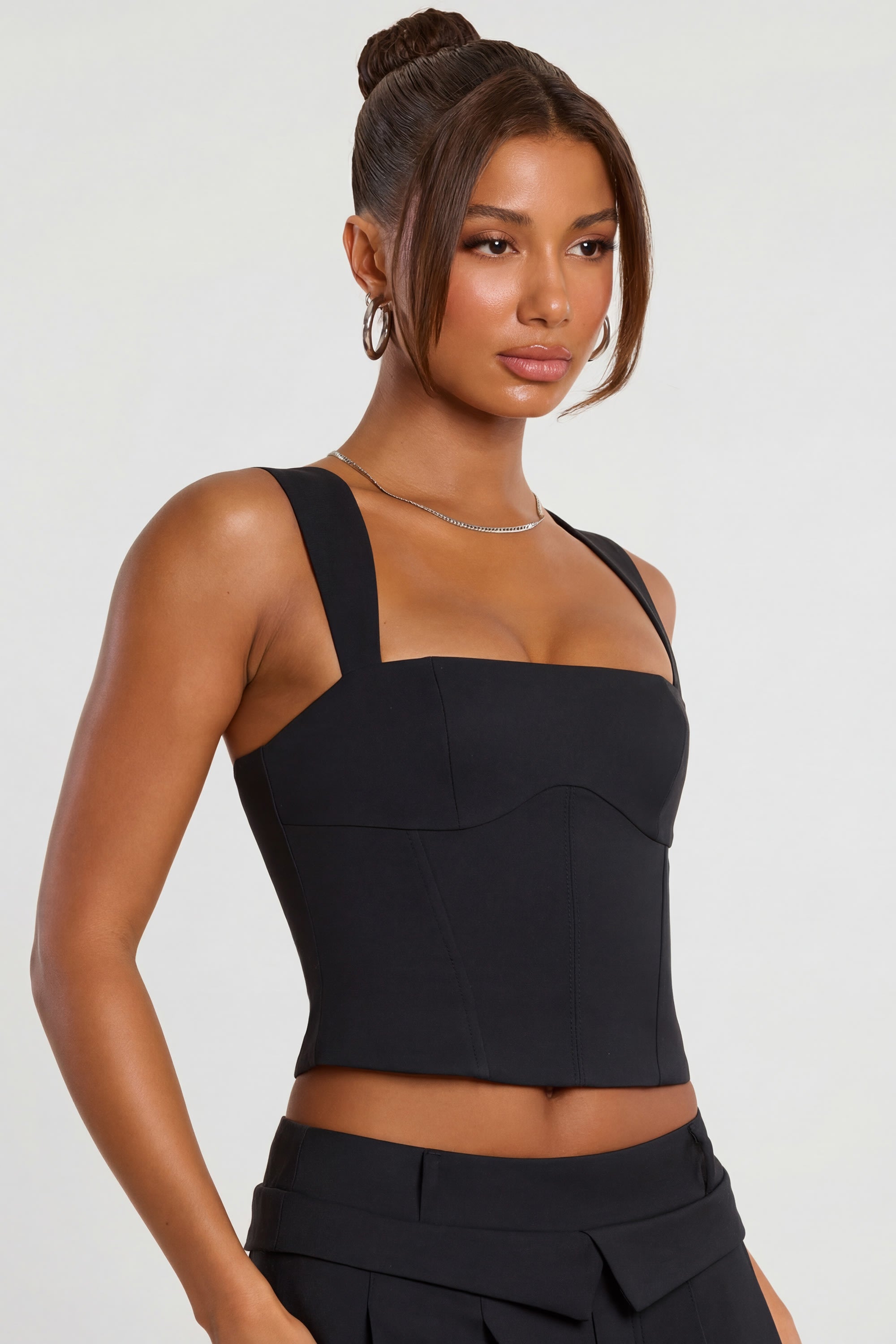 Brushed Twill Square Neck Tailored Top in Black