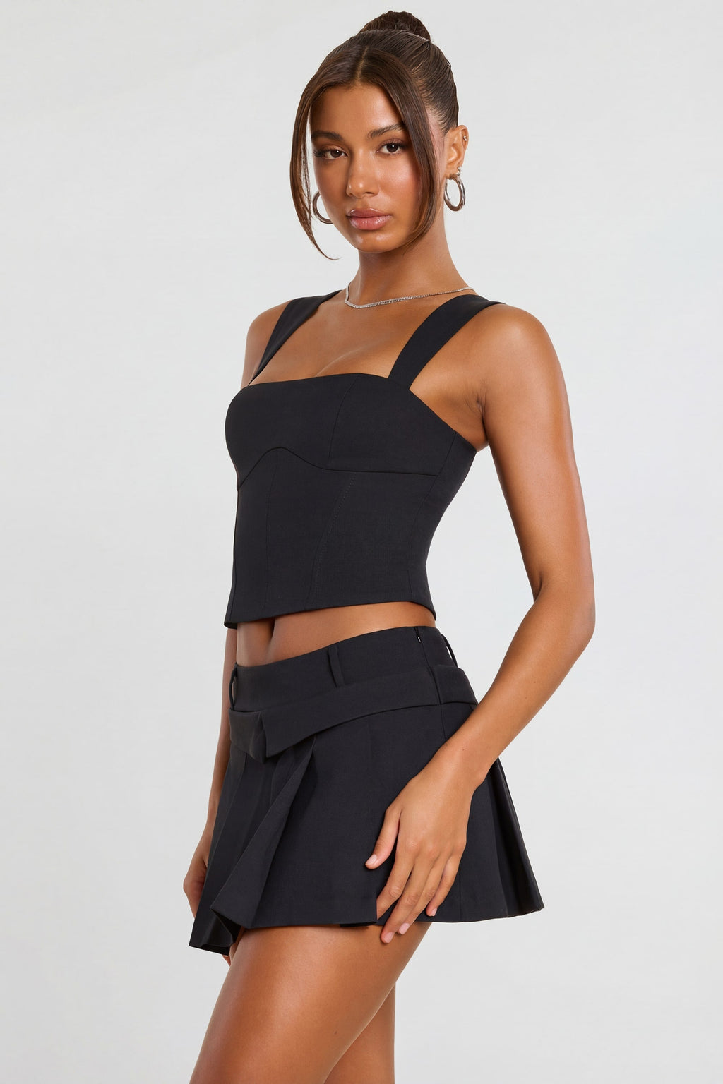 Brushed Twill Square Neck Tailored Top in Black