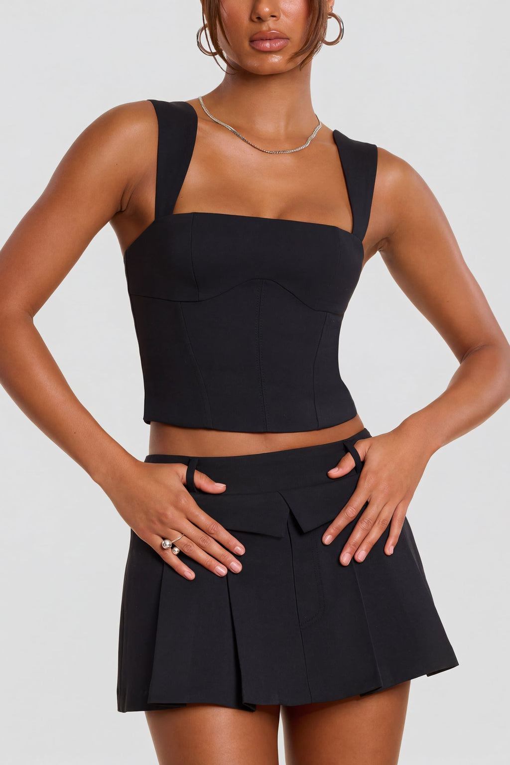Brushed Twill Square Neck Tailored Top in Black