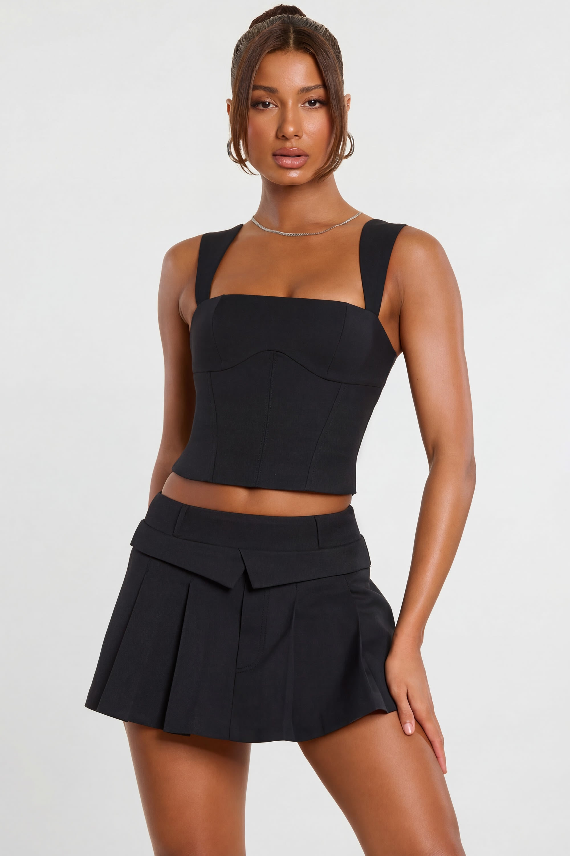 Brushed Twill Square Neck Tailored Top in Black