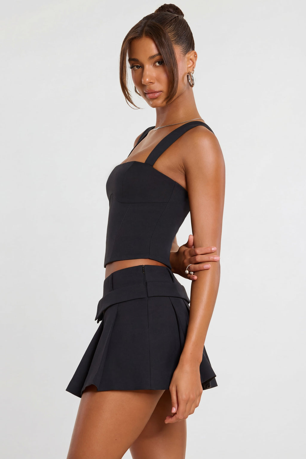 Brushed Twill Square Neck Tailored Top in Black