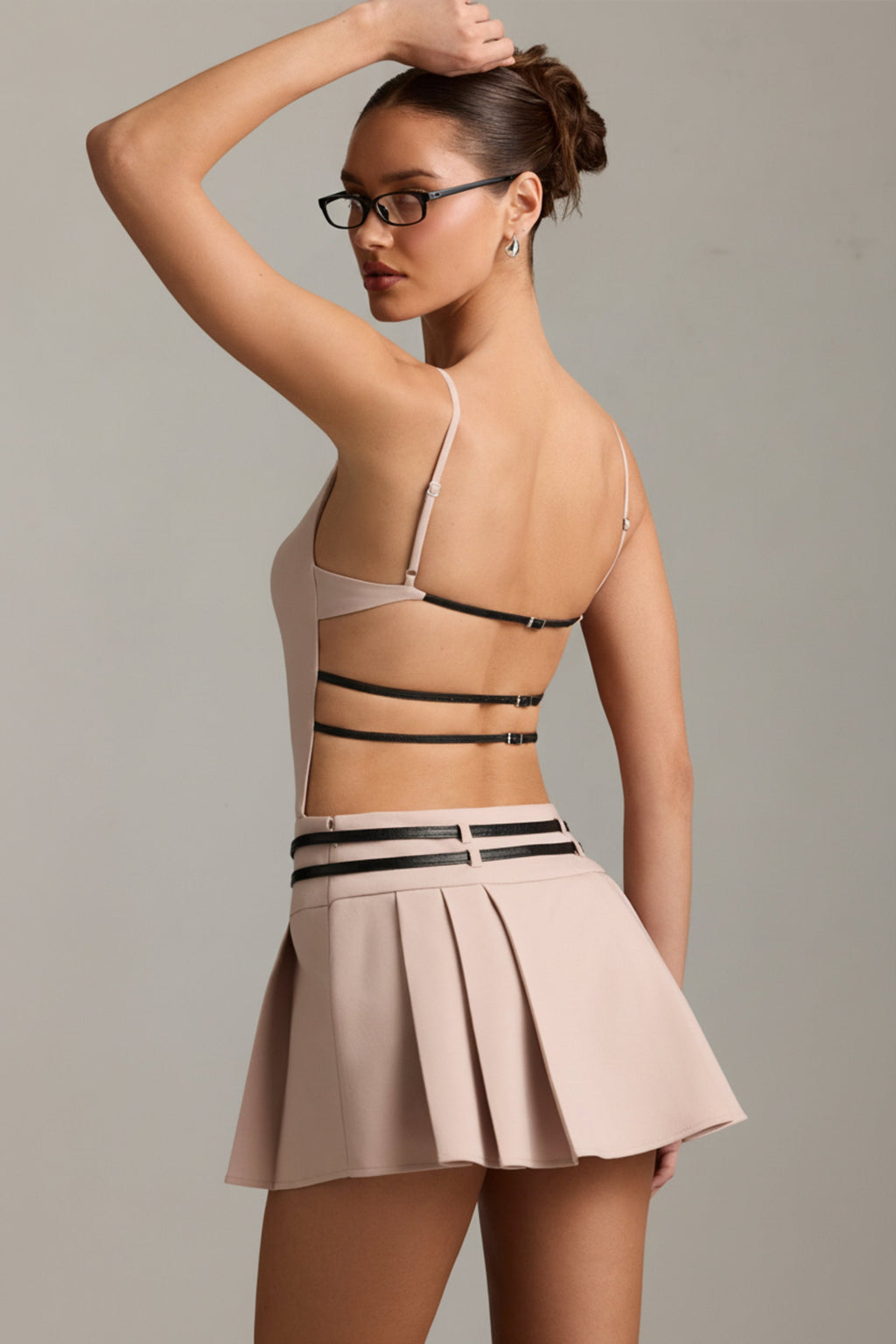 Belted Backless Pleated Mini Dress in Mushroom