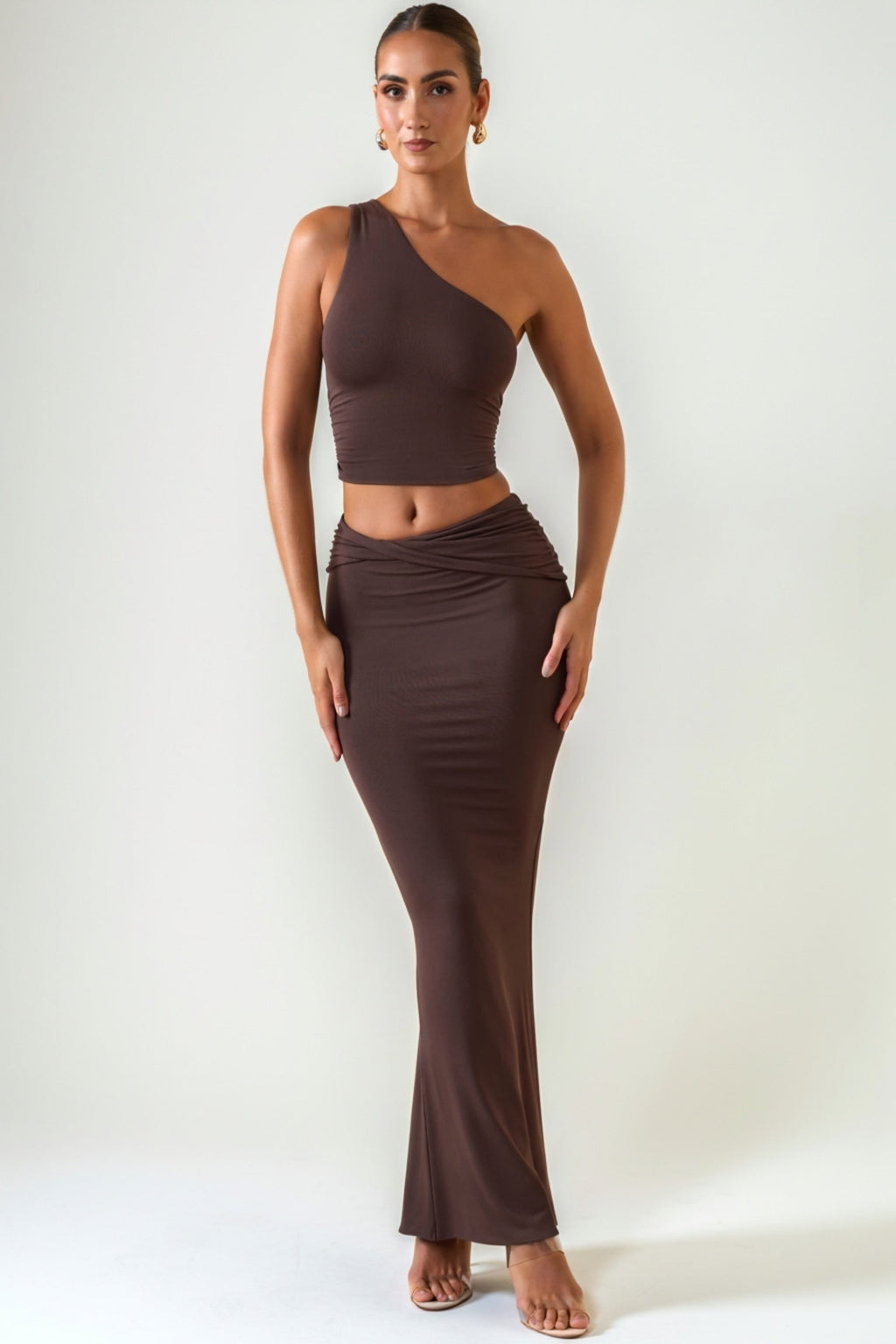 Modal Twist-Front Maxi Skirt in Chocolate Brown