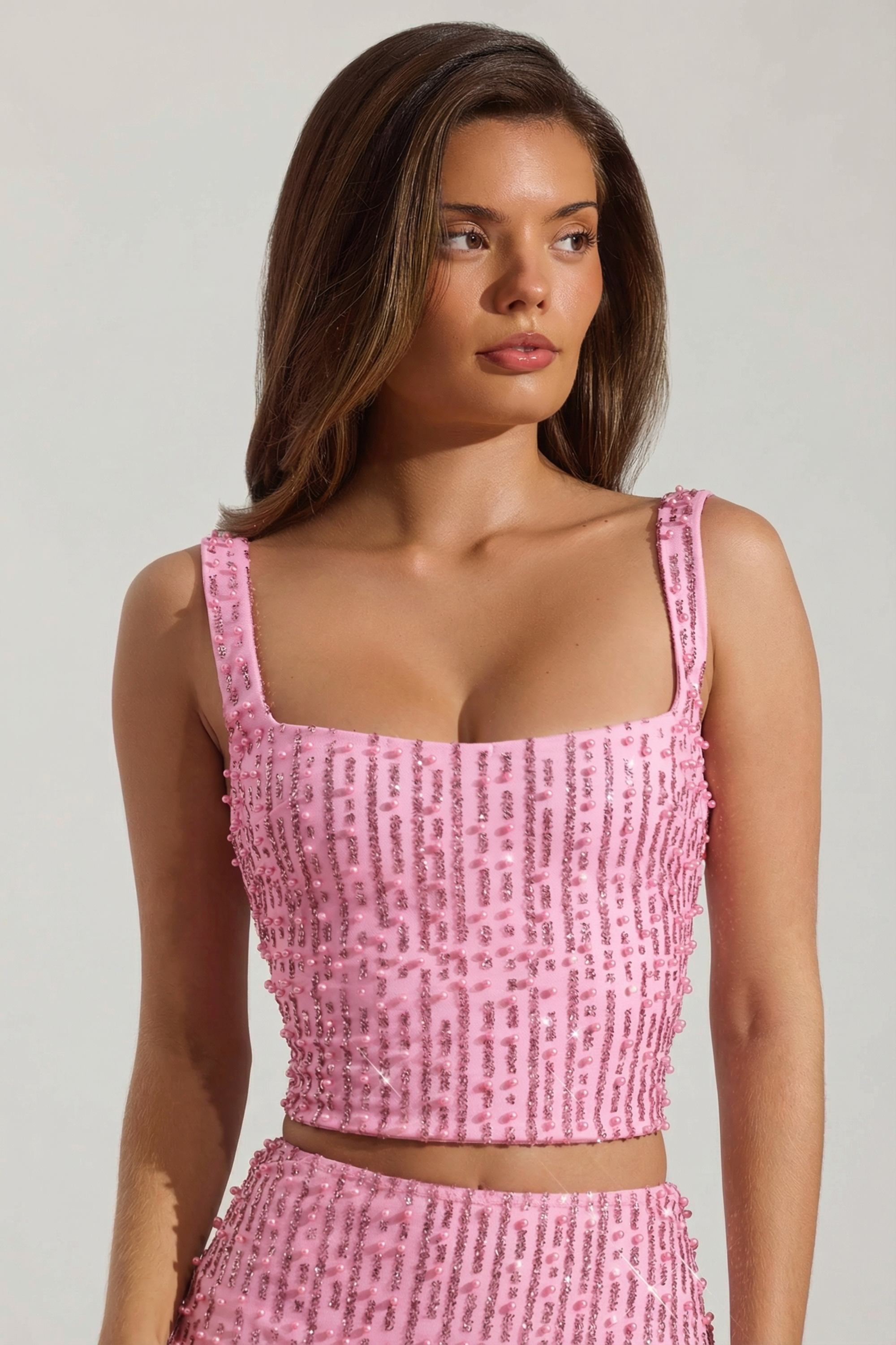 Embellished Square-Neck Crop Top in Pink