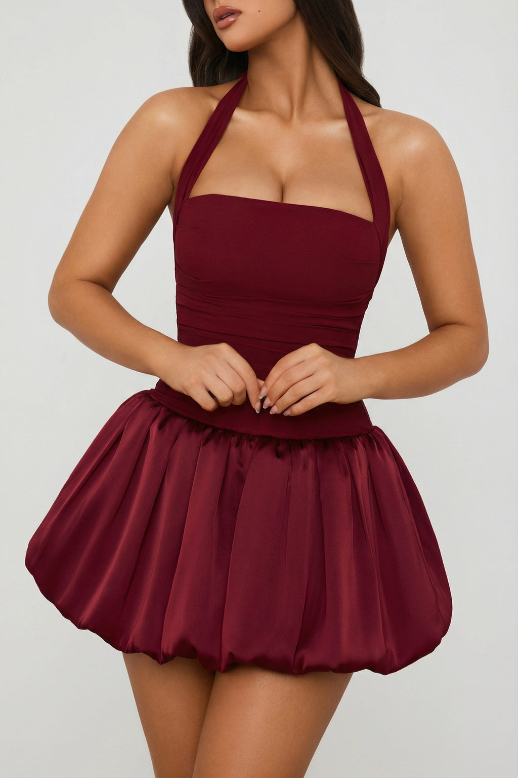 Halterneck Lace-Up Bubble Hem Corset Micro Mini Dress in Berry Red