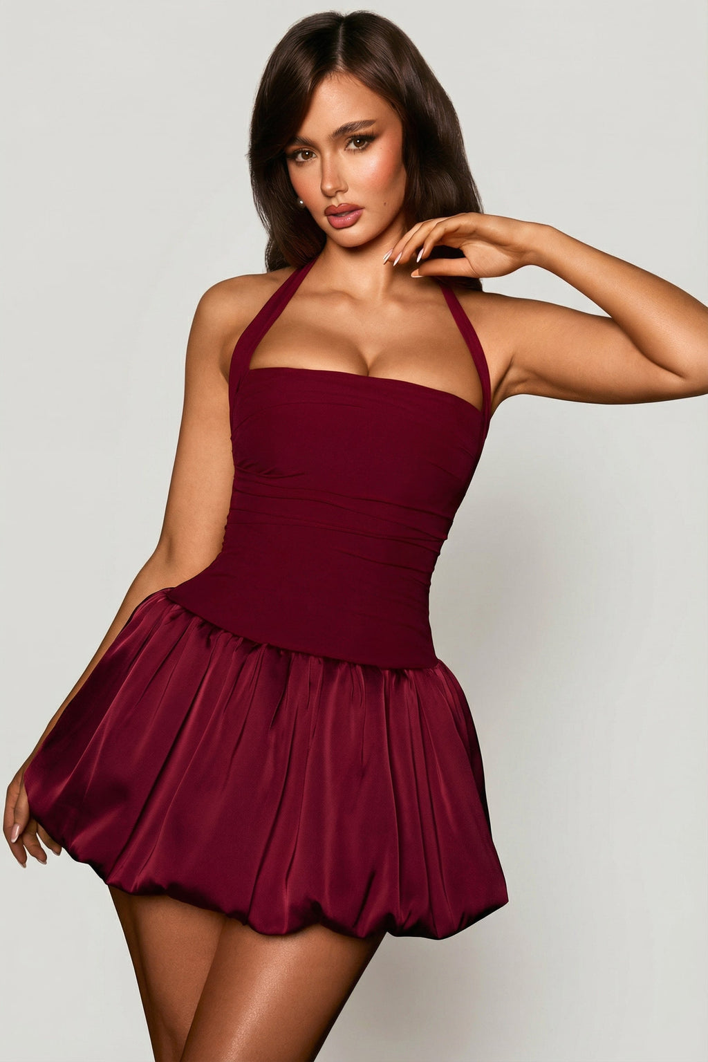 Halterneck Lace-Up Bubble Hem Corset Micro Mini Dress in Berry Red