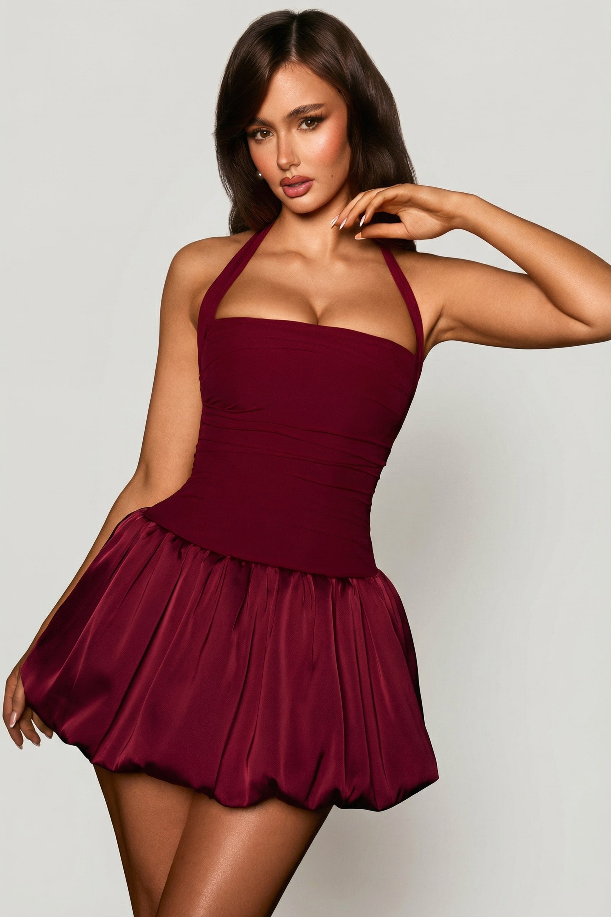 Halterneck Lace-Up Bubble Hem Corset Micro Mini Dress in Berry Red