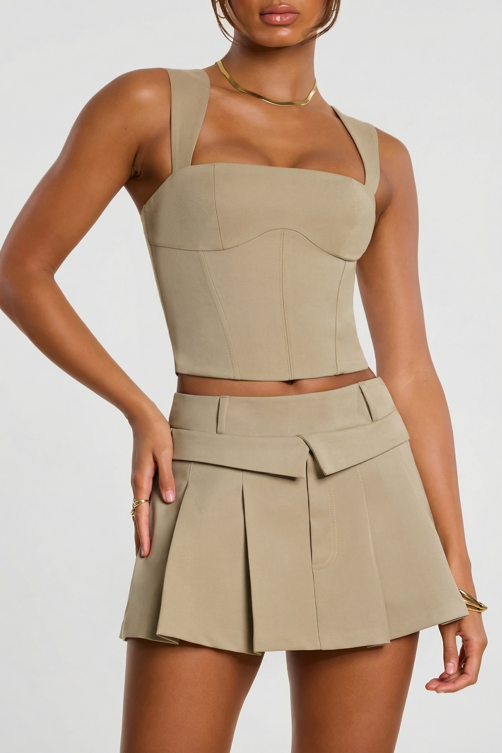 Brushed Twill Mid Rise Pleated Micro Mini Skirt in Taupe