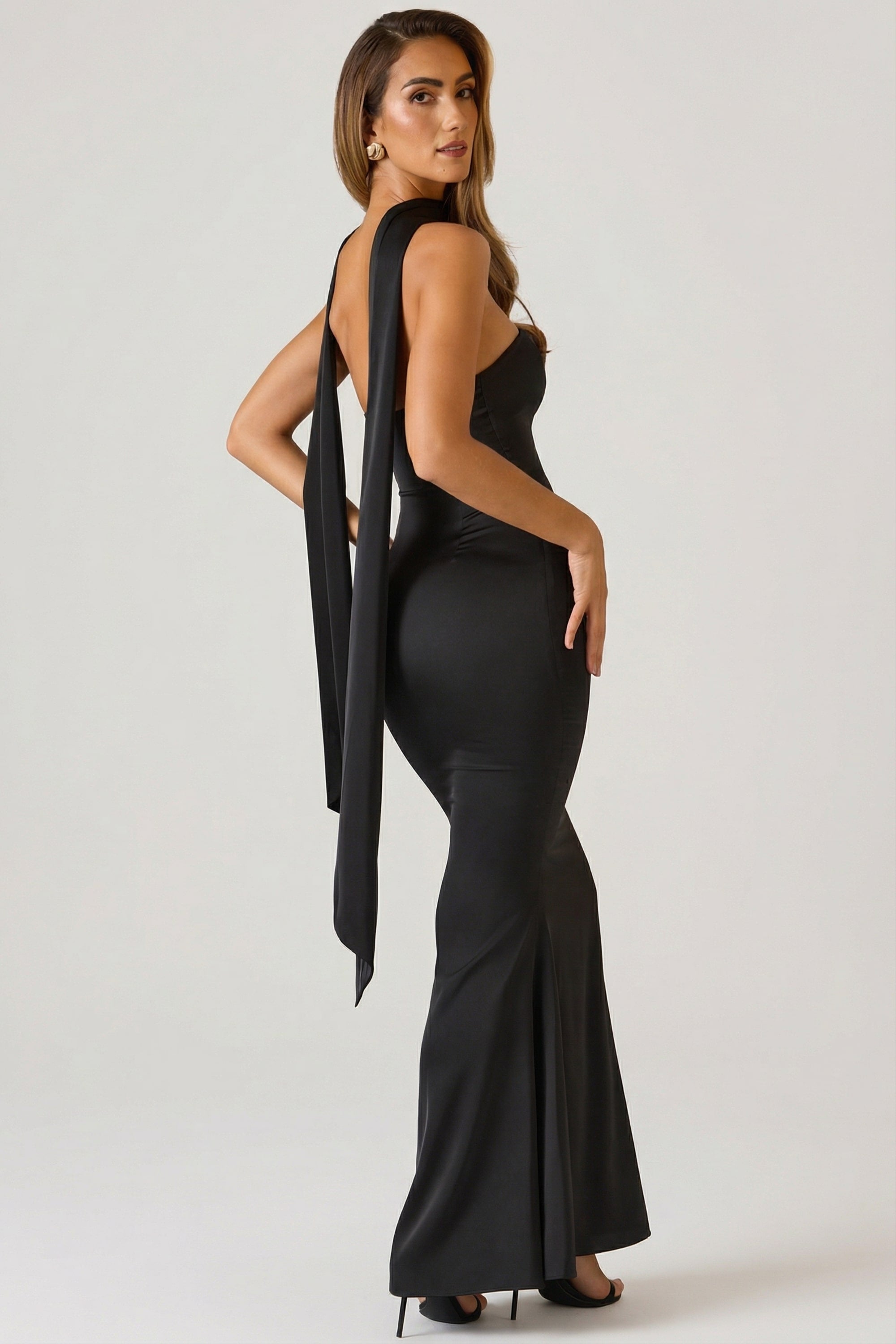 Scarf-Detail Strapless Gown in Black